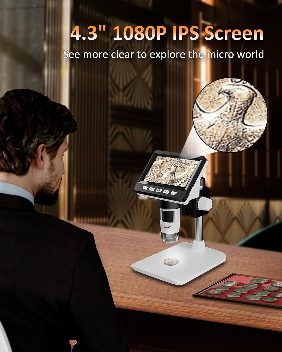 4.3 Inch LCD Digital Microscope, AOPICK Coin Microscope Camera with 50X-1000X Magnification, 1080P USB Microscope for Kids Adults - 8 Adjustable LED Lights, PC View, Compatible with MacOS & Windows