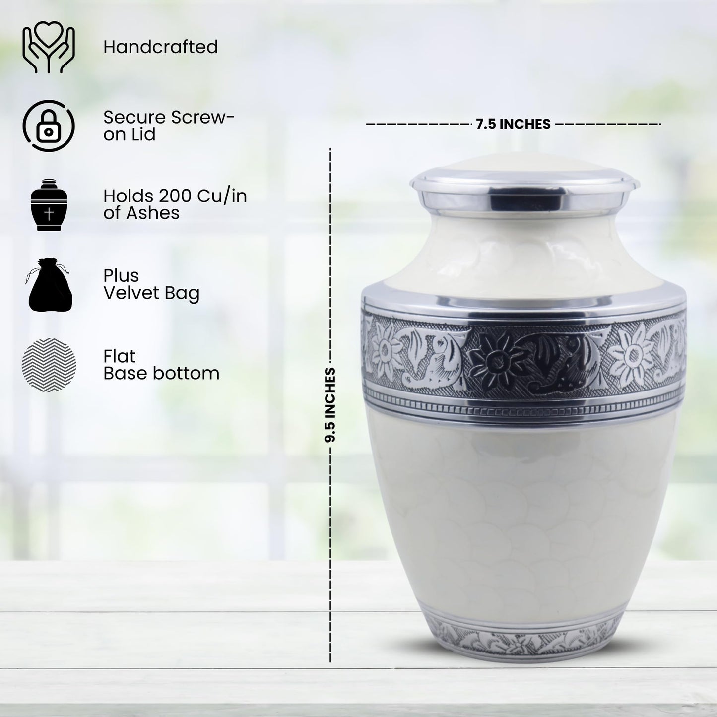 Hind Handicrafts Silver Engraved Cremation Urn - Adult Funeral Urn - Pearl White - Floral Pattern - 7" x 7" x 10" - 200 cubic inches