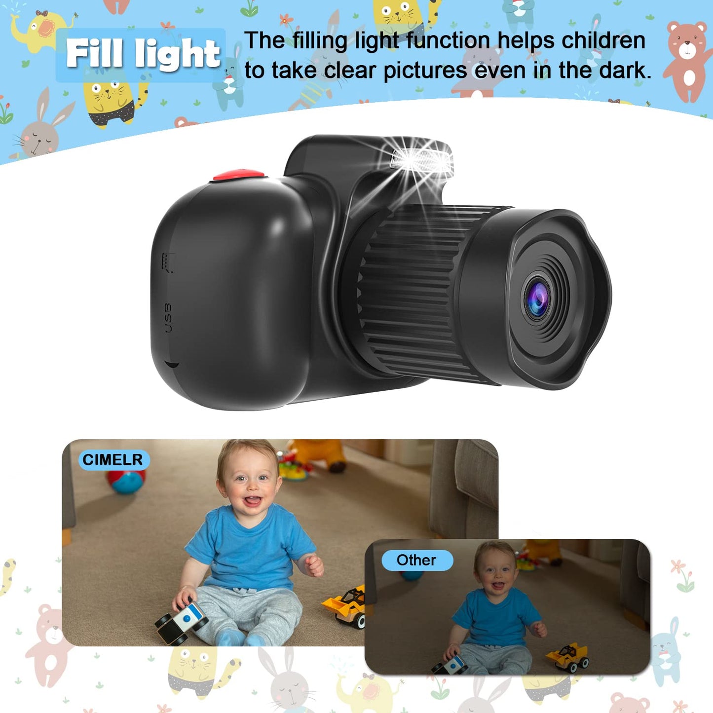 CIMELR Kids Camera, Digital Camera for Kids 4-12 Year Old Boys/Girls, 2.4 inch IPS Screen Toddler Camera, Christmas Birthday Gifts, Video Camcorder with Fill Light, 32GB TF Card (Black)