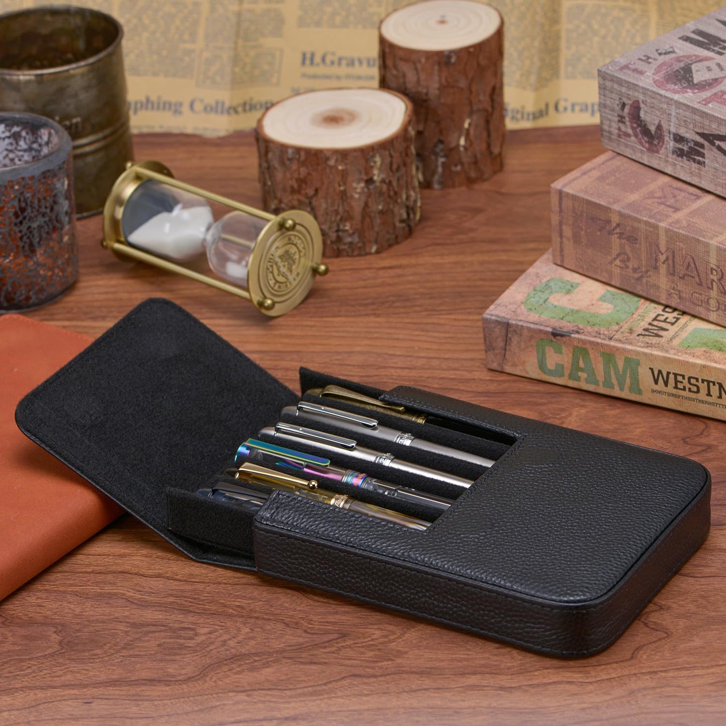Lanxivi Fountain Pen Cover Genuine Leather Organizer Portable Pen Pouch Drawer Style, Black-6 Slots, 6 Slot, 6 Slots