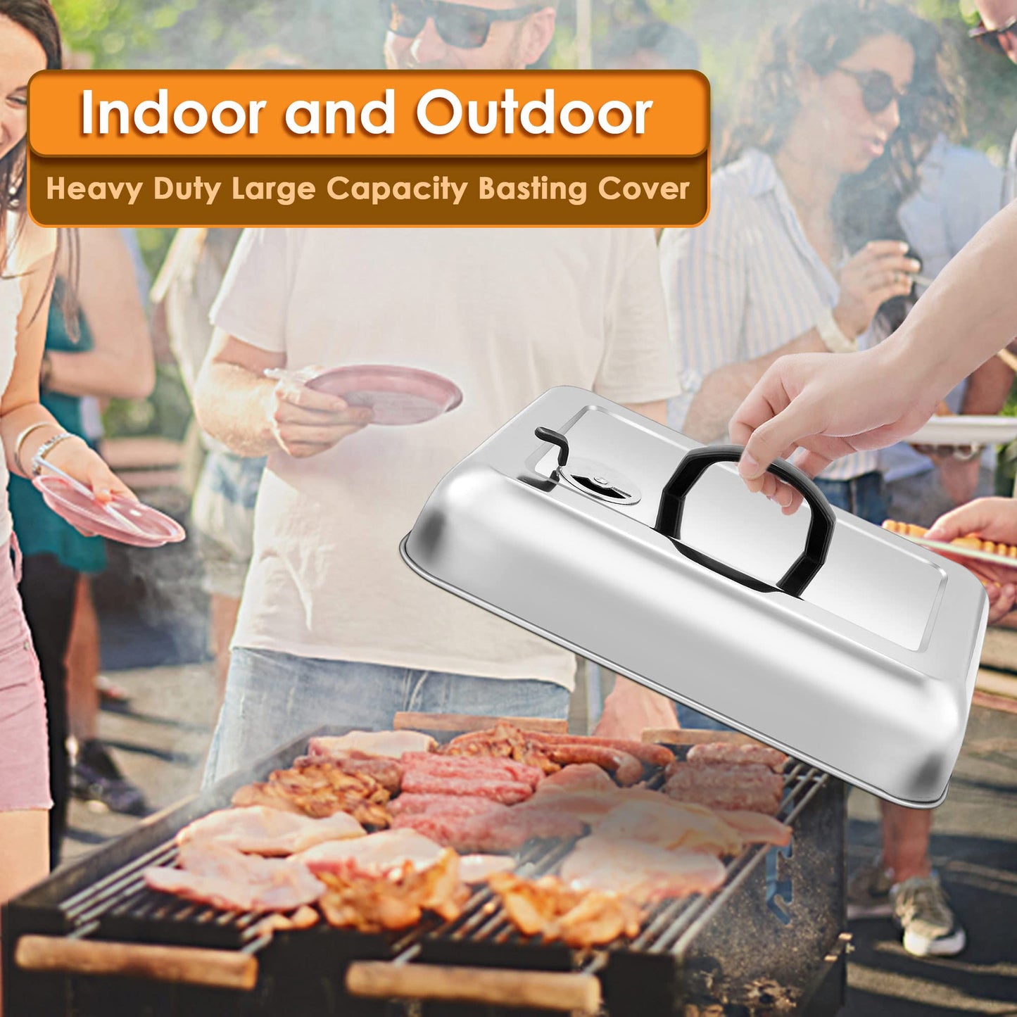 Leonyo 33 x 24 cm Rectangular Basting Cover Set of 2, with Adjustable Vent, Stainless Steel Metal Cheese Melting Dome Lid Heavy Duty for Outdoor&Indoor Flat Top Griddle BBQ Grilling Buffet Keep Warm
