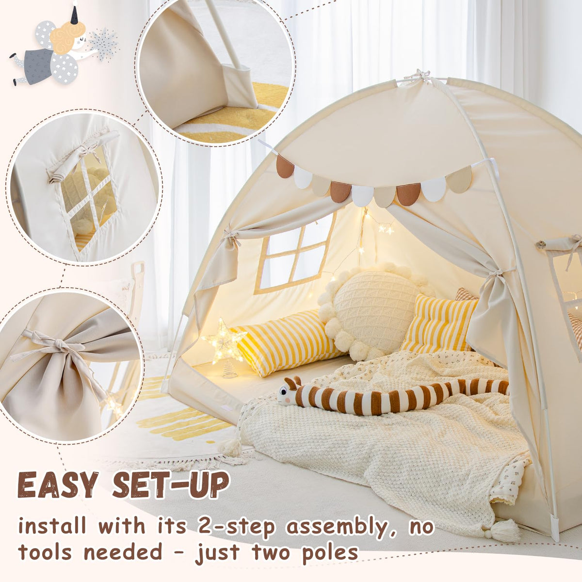 Bed Tent for Indoor Use - Privacy Kids Tent on The Bed, Sleep Inside Drafting Room, Twin Bed Blackout Space Canopy (Natural)
