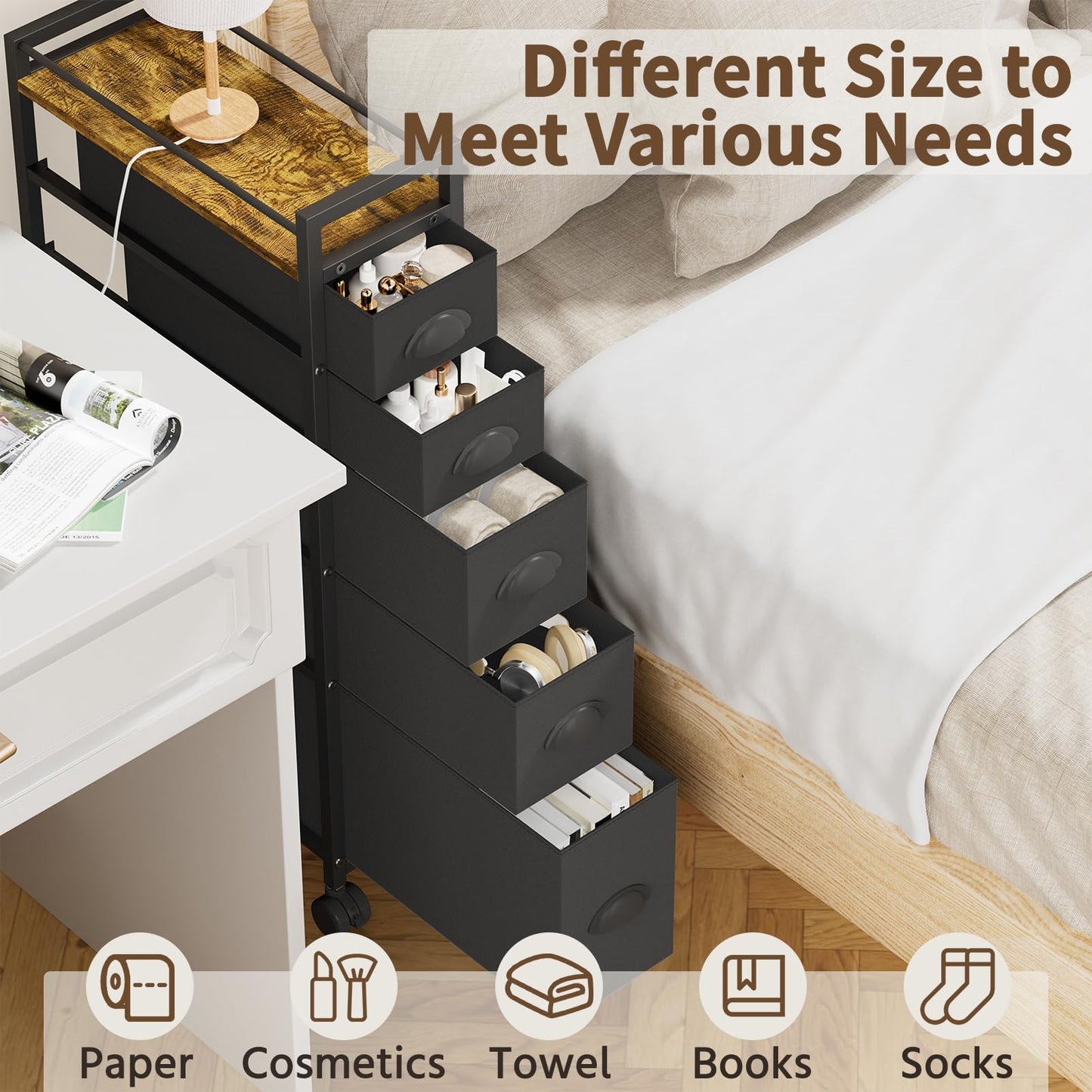 LASZOLA 5 Drawer Narrow Dresser Slim Cabinet Skinny Storage Tower Chest, Ideal for Small Spaces Bathroom, Between Washer and Dryer, Lightweight Mobile on Wheels,Fabric Drawers, Black