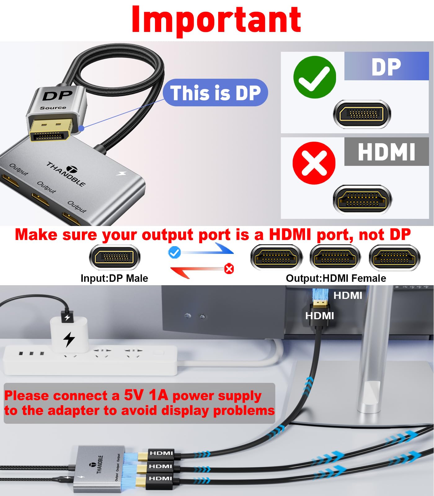 THANDBLE DisplayPort to HDMI Splitter for Multi Monitor Adapter, HDMI Splitter Extended Display 1 in 3 Out MST Hub (4K@60Hz) for Extended or Cloned Display Mode, DP to 3X HDMI Port with PC, NVIDIA AMD