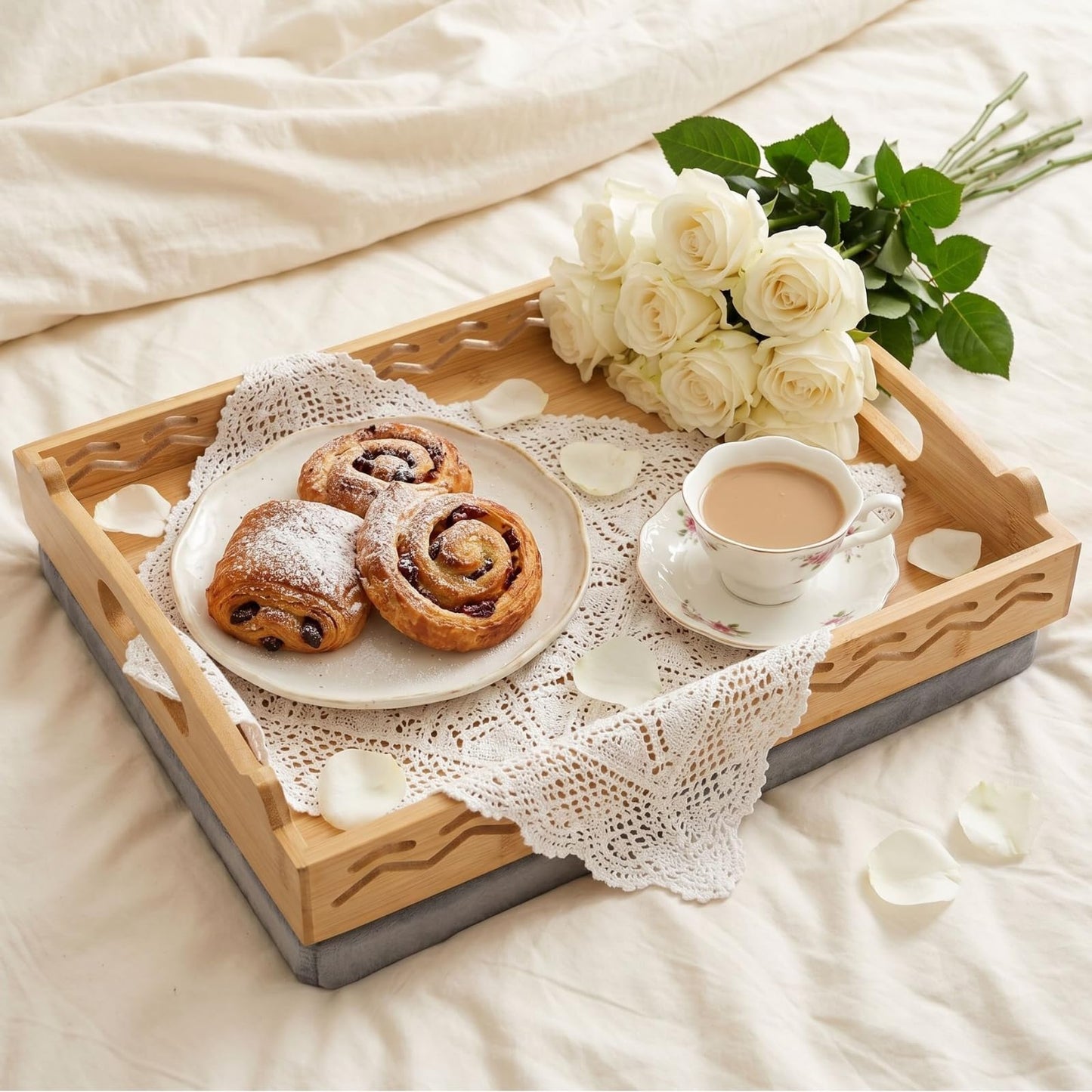 Okllen Bamboo Lap Tray with Detachable Cushion & Handles, 16"x12.2" Breakfast Bed Tray for Eating, Recliner/Sofa/Bed, Housewarming Gift