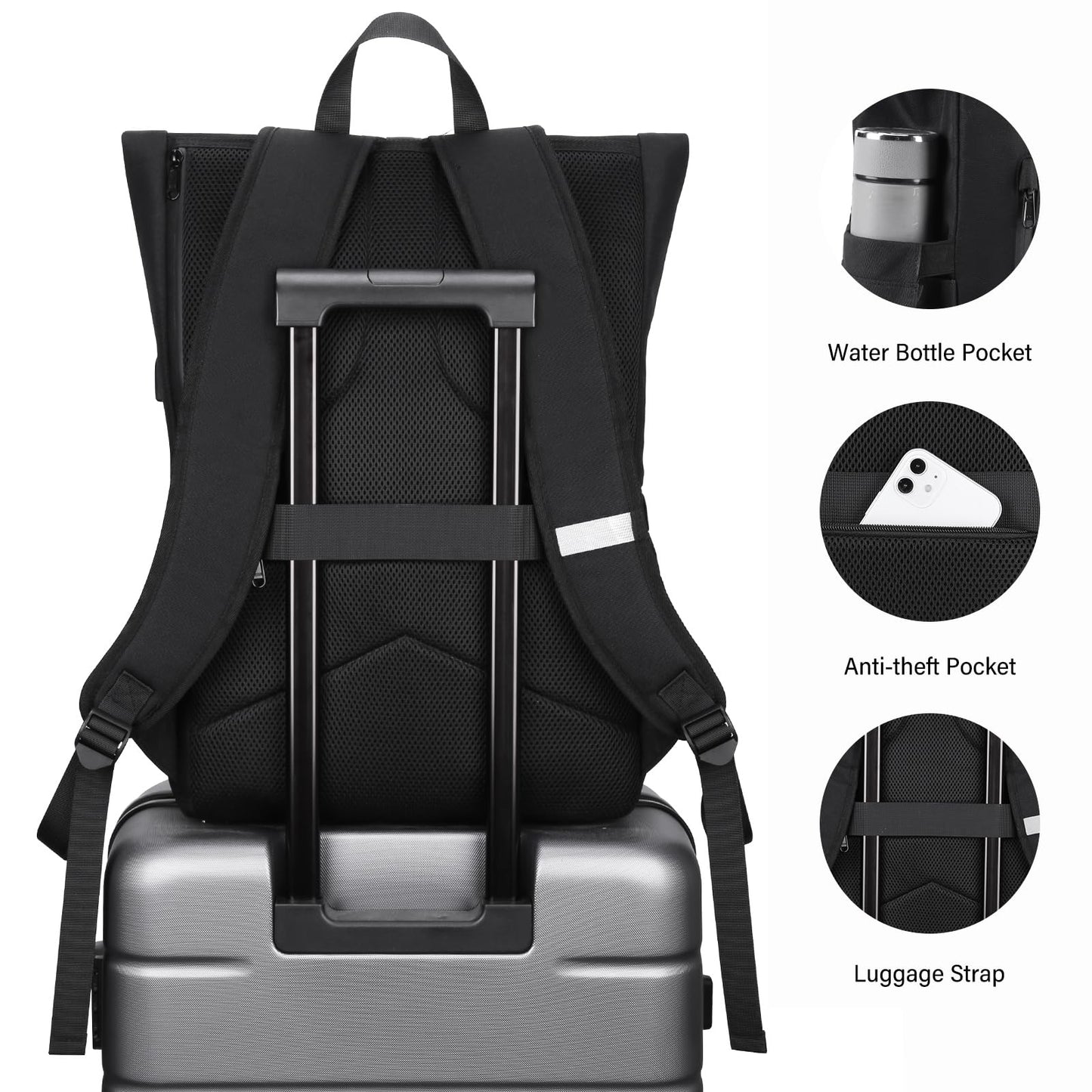 HOMIEE Rolltop Laptop Backpack for 17.3 Inch, Lightweight 24L-30L Expandable Waterproof Anti-theft Backpacks with USB Port Computer Daypack School Bag for Work Travel Men Women