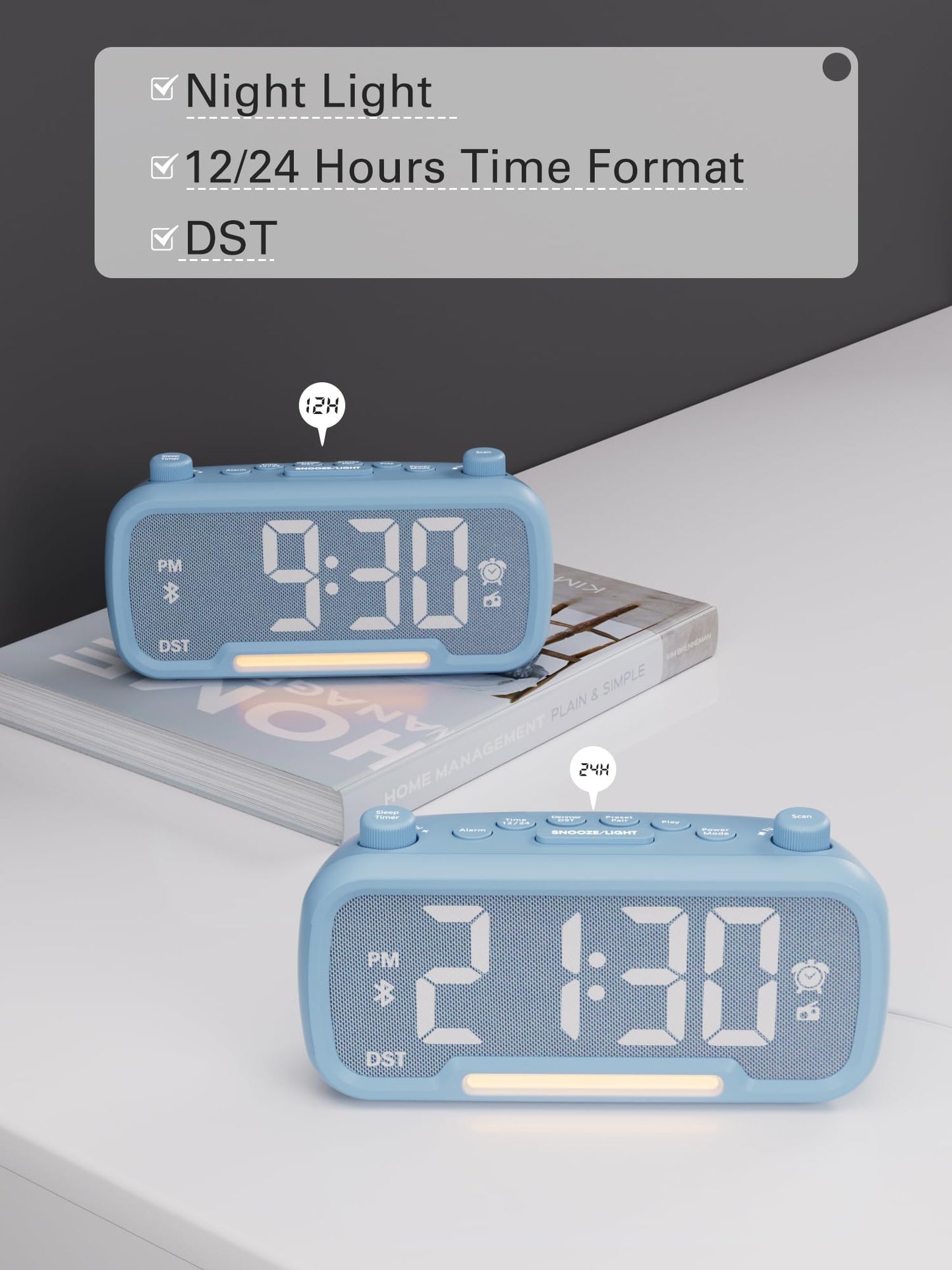 Radio Alarm Clock with Bluetooth Speaker, FM Clock Radio for Bedroom, Digital Alarm Clock with LED Night Light, 5-Level Brightness, 16-Level Volume, Phone Charger, Snooze, Battery Backup, 12/24H & DST