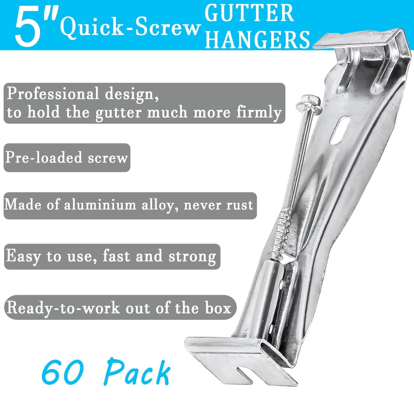 5inch Gutter Hangers (60Pcs) with Pre-Inserted Quick Screw Gutter Clips, Hidden Bracket Clips for 5" K-Style Aluminum Gutters - Come with 1/4” Hex Drill Bit
