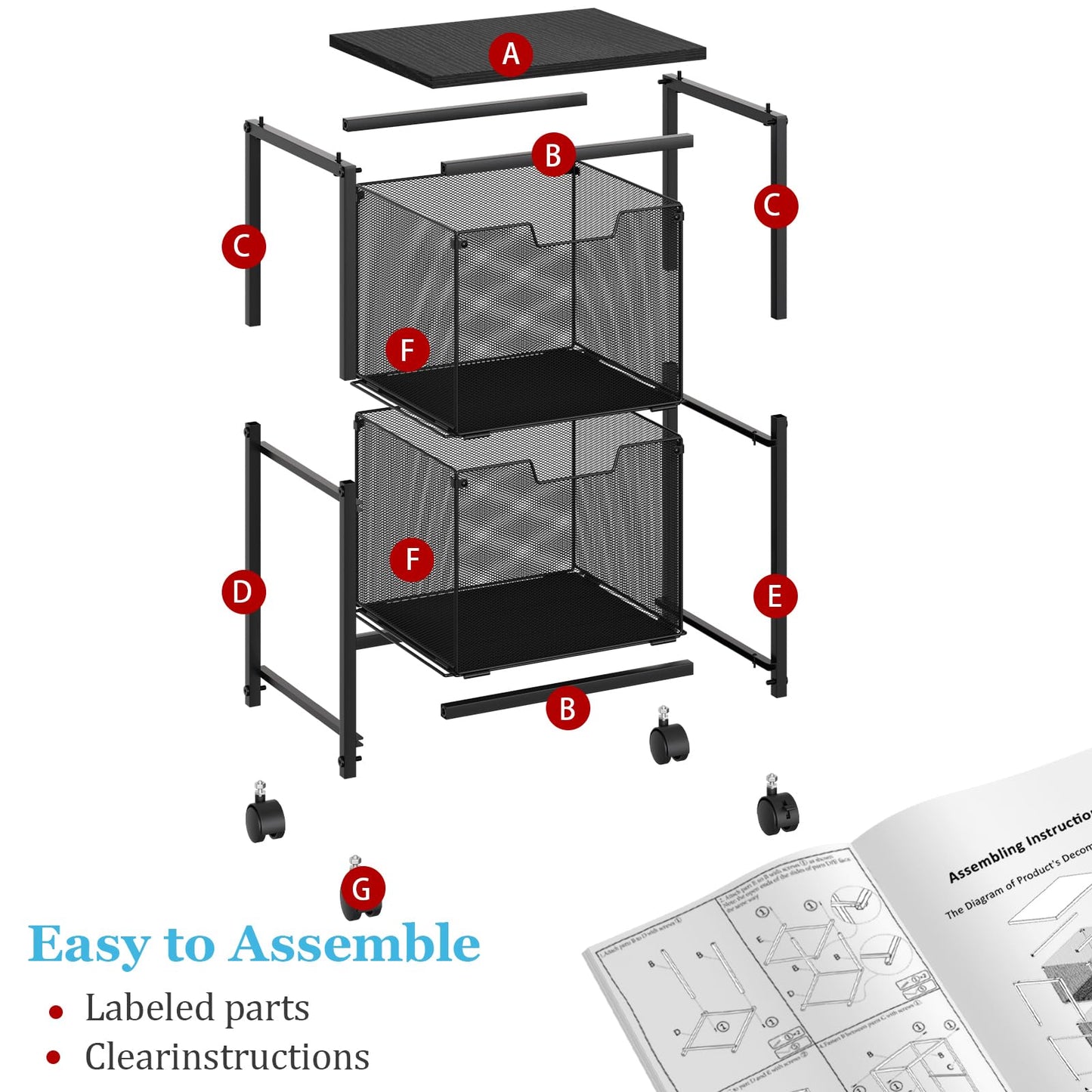 Sbanmao Rolling File Cart with 2 Storage Drawers, File Cabinet with Wheels, Hanging File Folder Organizer, Under Desk Storage, Printer Stand Utility Cart Filing Cabinet for Home Office,Black
