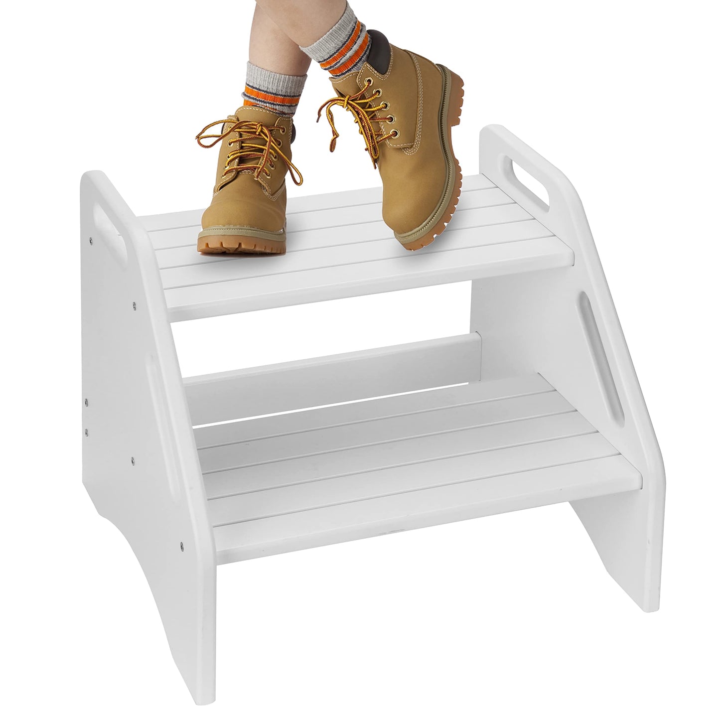 AMBIRD Wooden Step Stool Two Step Stool with Non Slip Safety Pads and Handles, Bamboo Step Stool for Bathroom Bedroom Kitchen Double Step Stool