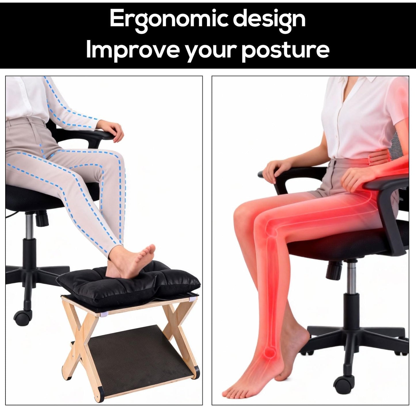 Foot Rest for Under Desk, Ergonomic Foot Stool Non-Slip Footrest Wooden Leg Rest Footstool Support with Comfortable Cushion Accessories for Office Desk at Work Home Use Enhances Posture