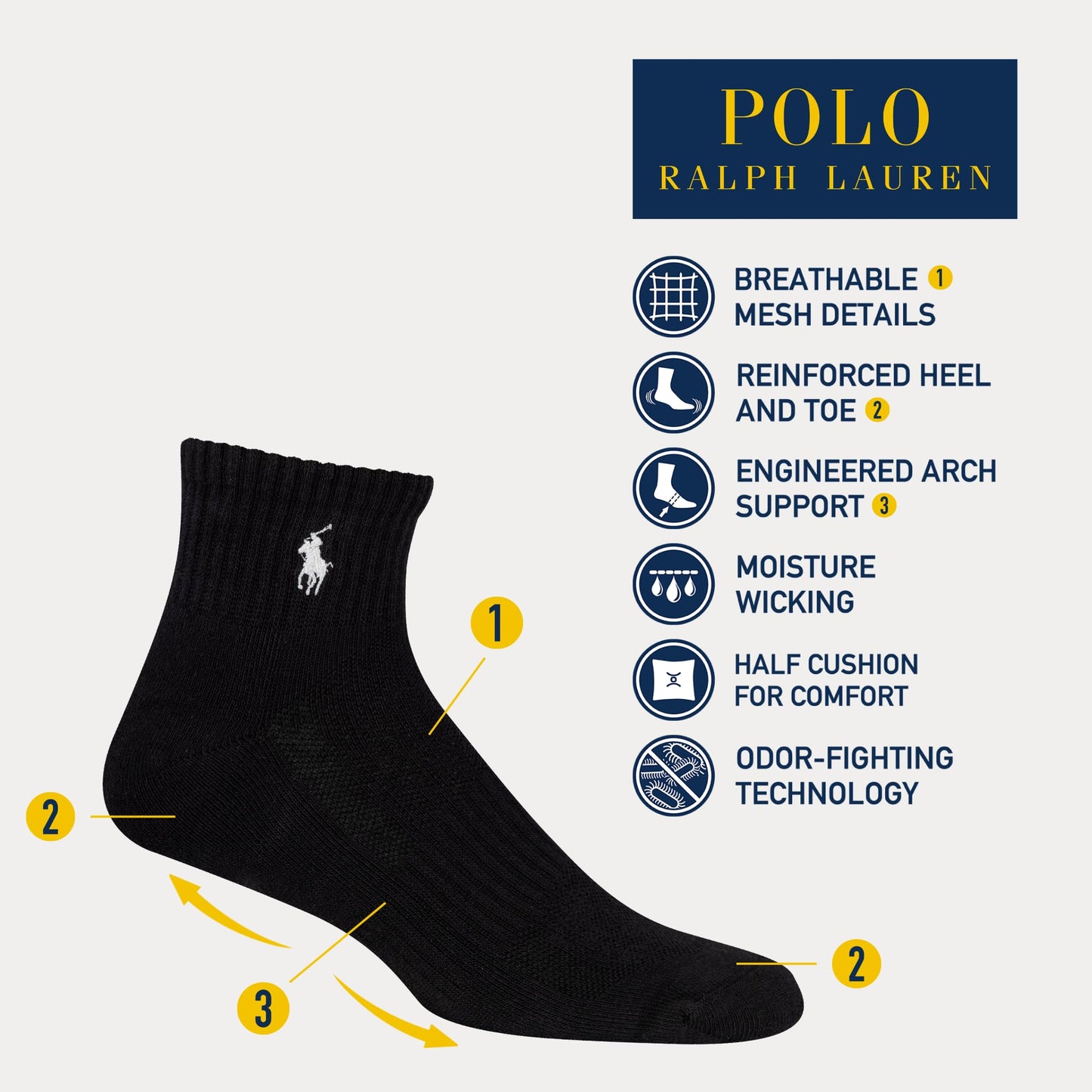 Polo Ralph Lauren Men's Classic Sport Solid Ankle Sock 6 Pack, Black, Men's Shoe Size: 6-12.5, Black, 6-12.5