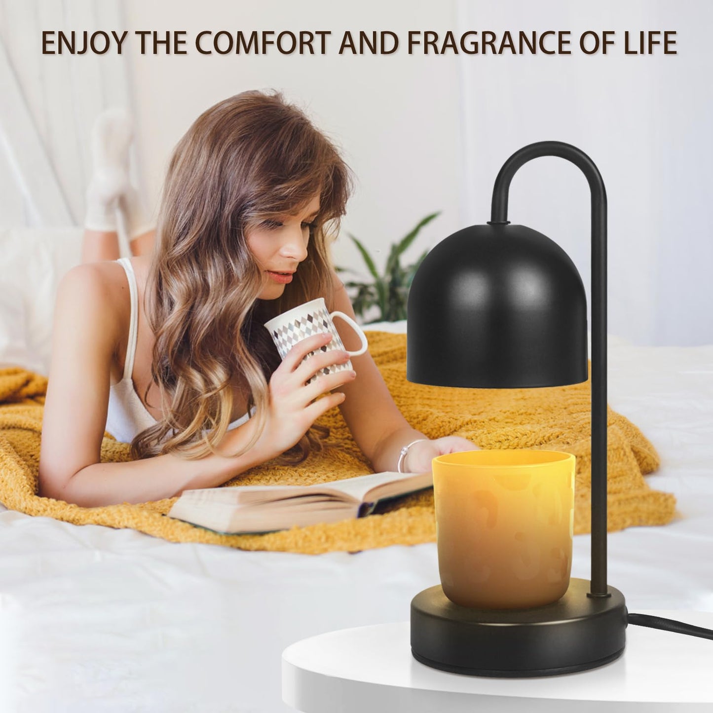 YudouTech Dimmable Candle Warmer Lamp - Black Small Metal Candle Wax Warmer with 2 * 50W Bulbs, Timer & Dimmer, Perfect for Bedroom and Living Room Decor