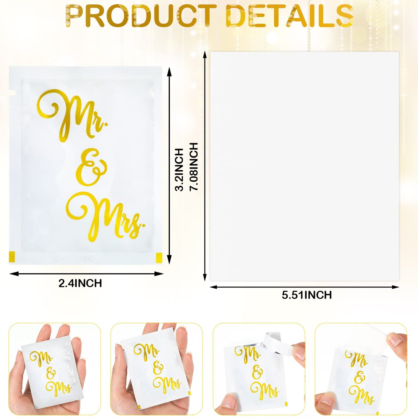 200 Pack Wedding Wipes for Reception Mr and Mrs Guest Wrapped Wipes Wedding Flushable Hand Wet Gold Foil Decorations for Travel Anniversary Bridal Shower Party Supplies Favor