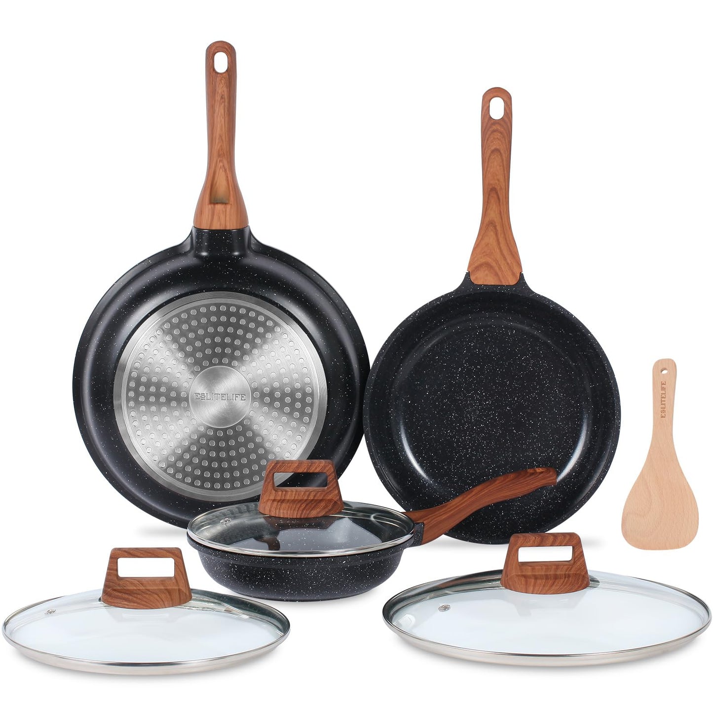 ESLITE LIFE Nonstick Ceramic Frying Pans Skillets Set with Lids, Non-Toxic Egg Omelette Kitchen Cooking Pans Compatible with All Stovetops (Gas, Electric & Induction), PTFE & PFOA Free, Black, 7-Piece