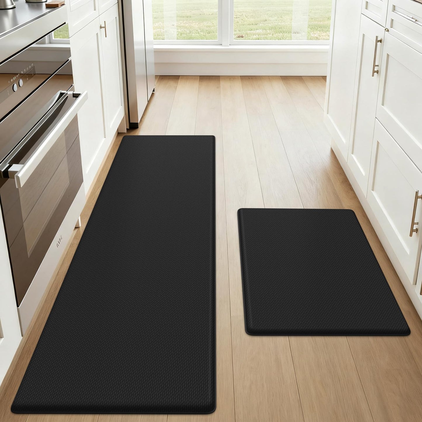 OLANLY Anti Fatigue Kitchen Mats for Floor, Non-Slip Washable Kitchen Rugs Set of 2, Comfort Waterproof Standing Mats for Kitchen, Laundry Room, Office, 17.3"x59"+17.3"x30", Black