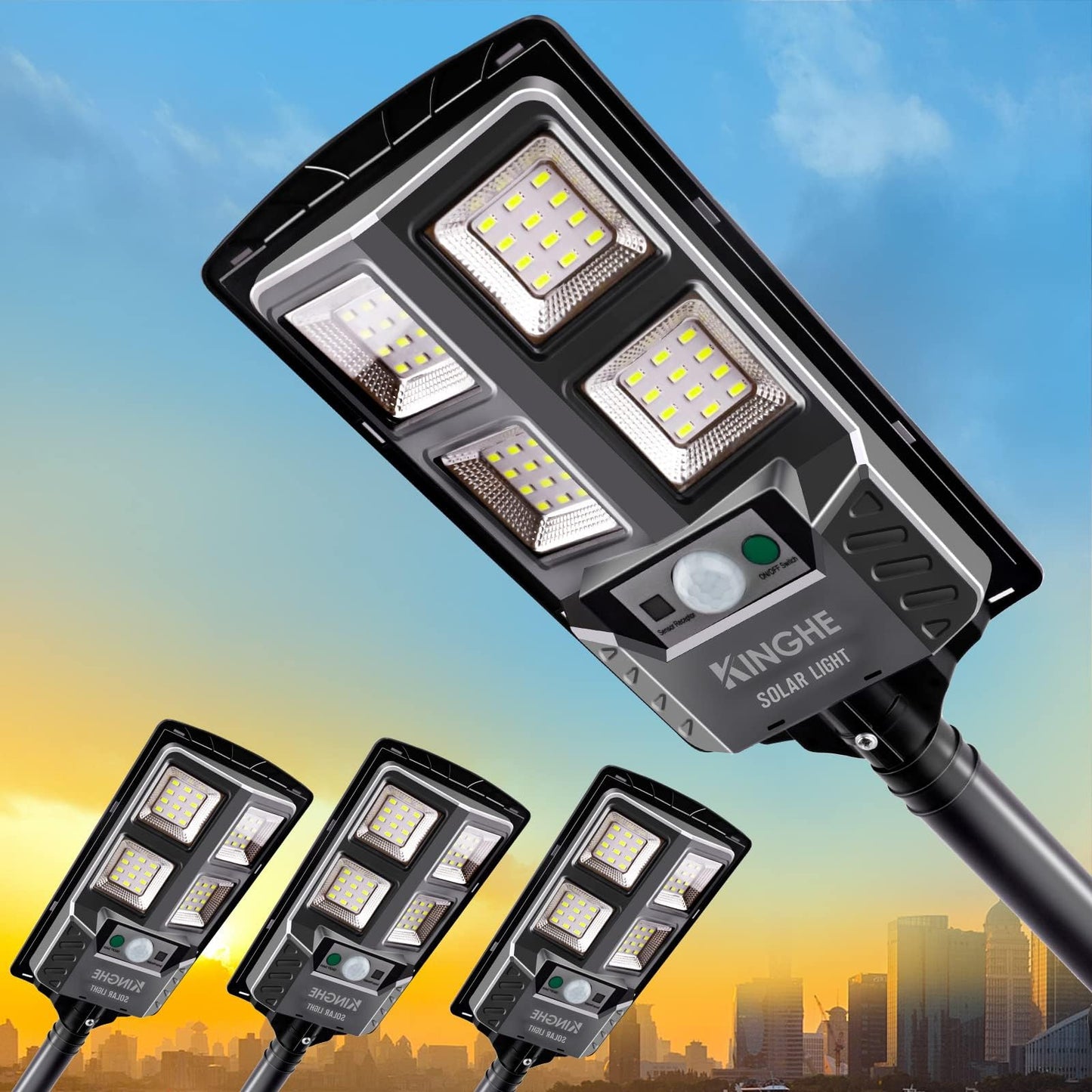 Kinghe Solar Street Lights Outdoor: Dusk to Dawn Solar Parking Lot Lights with 3 Modes Motion Sensor Remote Control, 6000K 48 LEDs Commercial Solar Lights for Outside, Yard, Garage, Barn