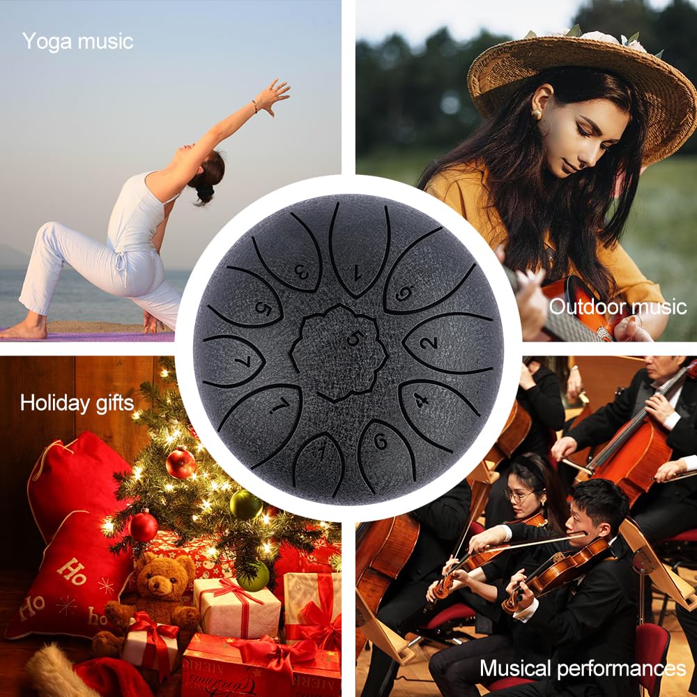Dozzly 6 Inch 11 Notes Steel Tongue Drum, Engraved Note Rain Drum, Pre-Tuned Handpan Drum with Mallets, Music Score & Storage Bag, Percussion Instrument for Relaxation, Camping & Gift (Black)