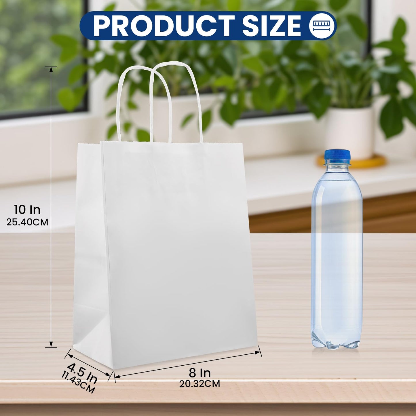 BURVAGY 100Pack White Paper Bags 8x4.5x10 Inch, Plain Medium Paper Bags with Handles Bulk, Kraft Paper Gift Bags, Retail Bags, Party Bags, Shopping Bags, Favor Bags