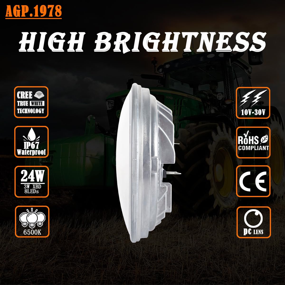 AGP.1978 2Pack 24W LED Work Light Sealed Round Hi/Lo Beam 12V Lamp Compatible with John Deere Tractor 3300, 4400, 4420, 4040