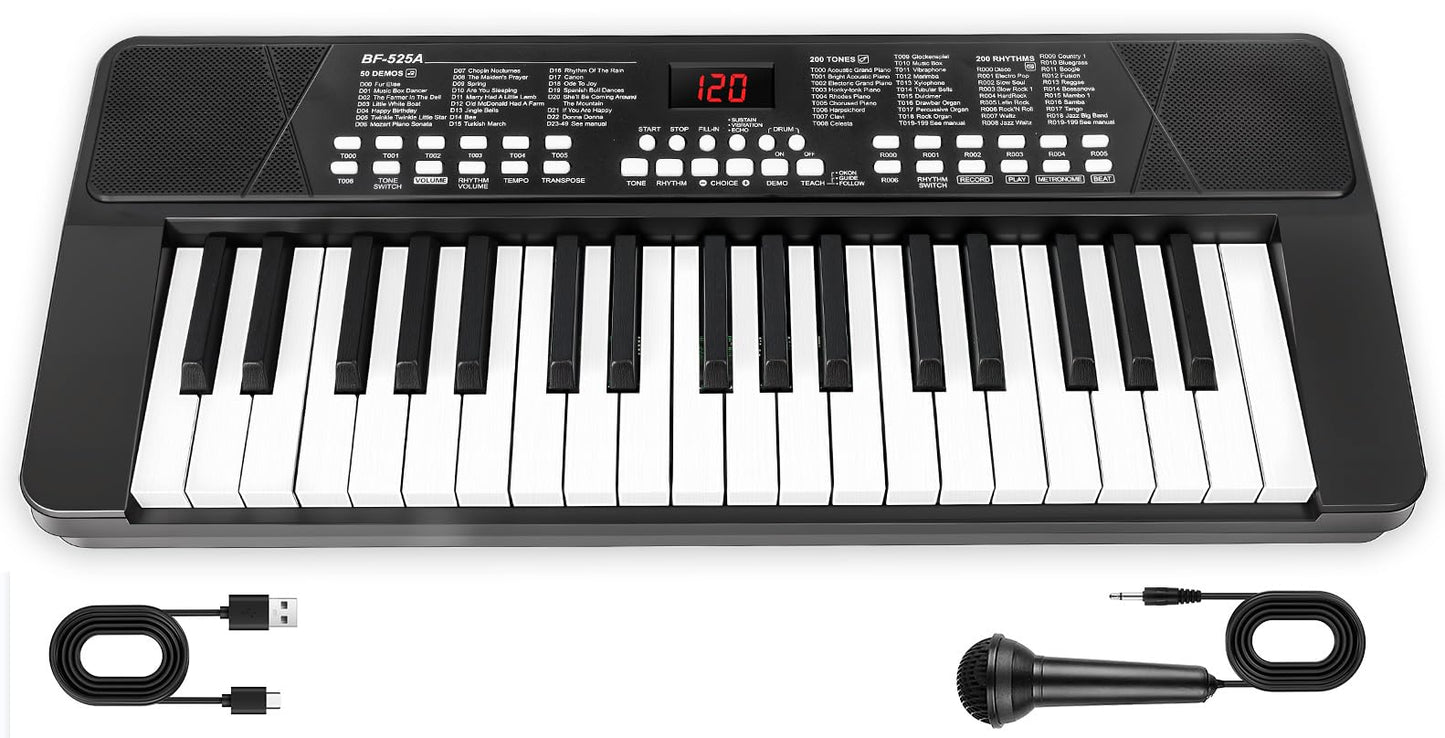 37 Keys Piano Keyboard for Beginners - Built-in Rechargeable Battery (1200mAh) Electronic Musical Instrument with Mic LED Screen 200 Tones 200 Rhythms 50 Demos, Gift for Beginners, Black