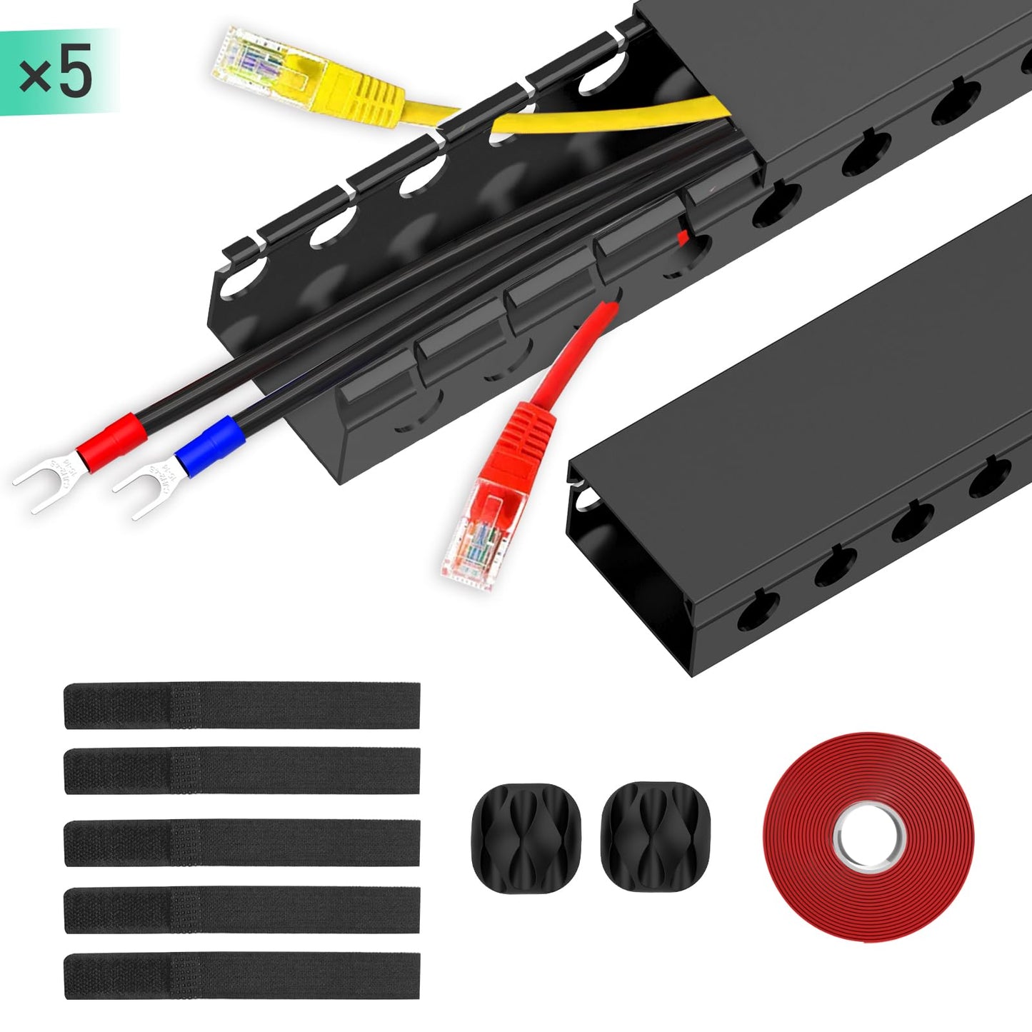 ENONCI Updated Cable Raceway Kit - 77 (5x15.4) Inch Open Slot Wire Covers for Cords, Under Desk Cable Management System to Hide Under Desk/Tv/Computer/Net/Power Cords, (Pack 5)