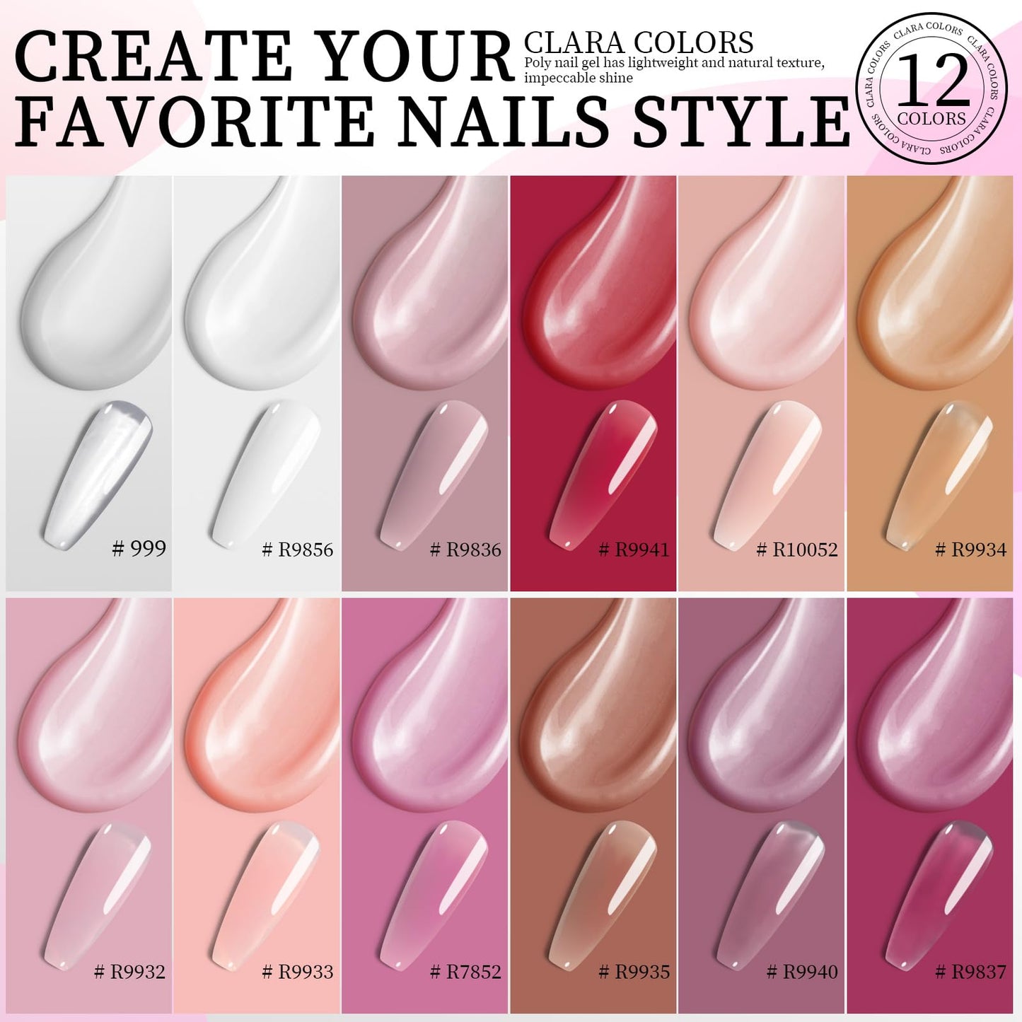 Clara Colors Poly Extension Gel Nail Kit-12 Colors Poly Kit with 48W LED Nail Lamp All In One Poly Nail Gel Starter Kit with Slip Solution and Tools for Nail Art DIY Soak Off UV Salon Home Gift for Women&Girls