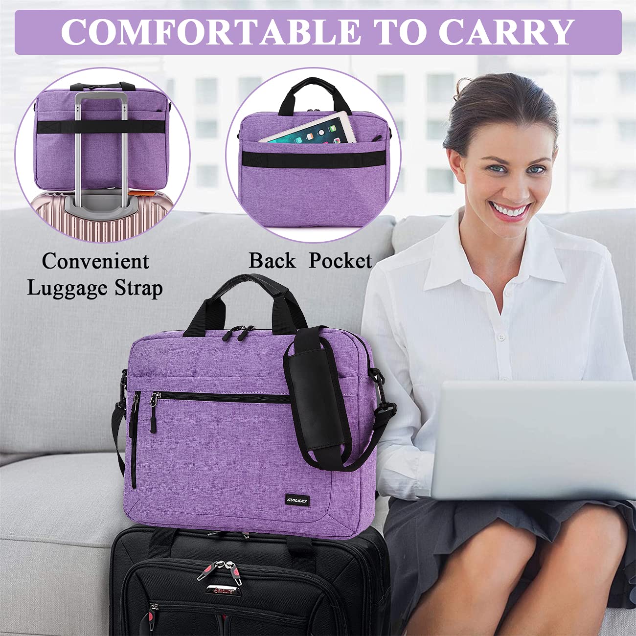 Laptop Bag for Women,RAVUO 15.6 inch Lightweight Shoulder Bag Water Resistant Shockproof Laptop Sleeve Case Business Briefcase with Shoulder Strap Purple