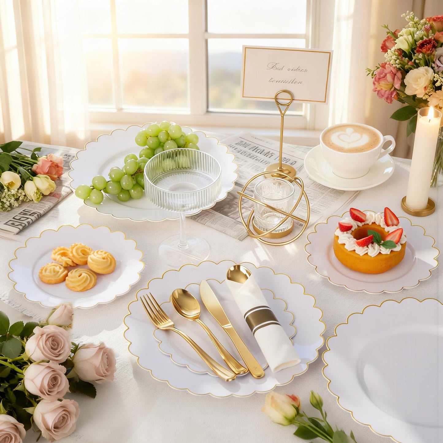 supernal 100pcs Christmas Scalloped Plastic Plates Gold-White and Gold Disposable Plates- Plastic Plate for Thanksgiving Dinner,Pretty Party Plate Perfect for Wedding Birthday