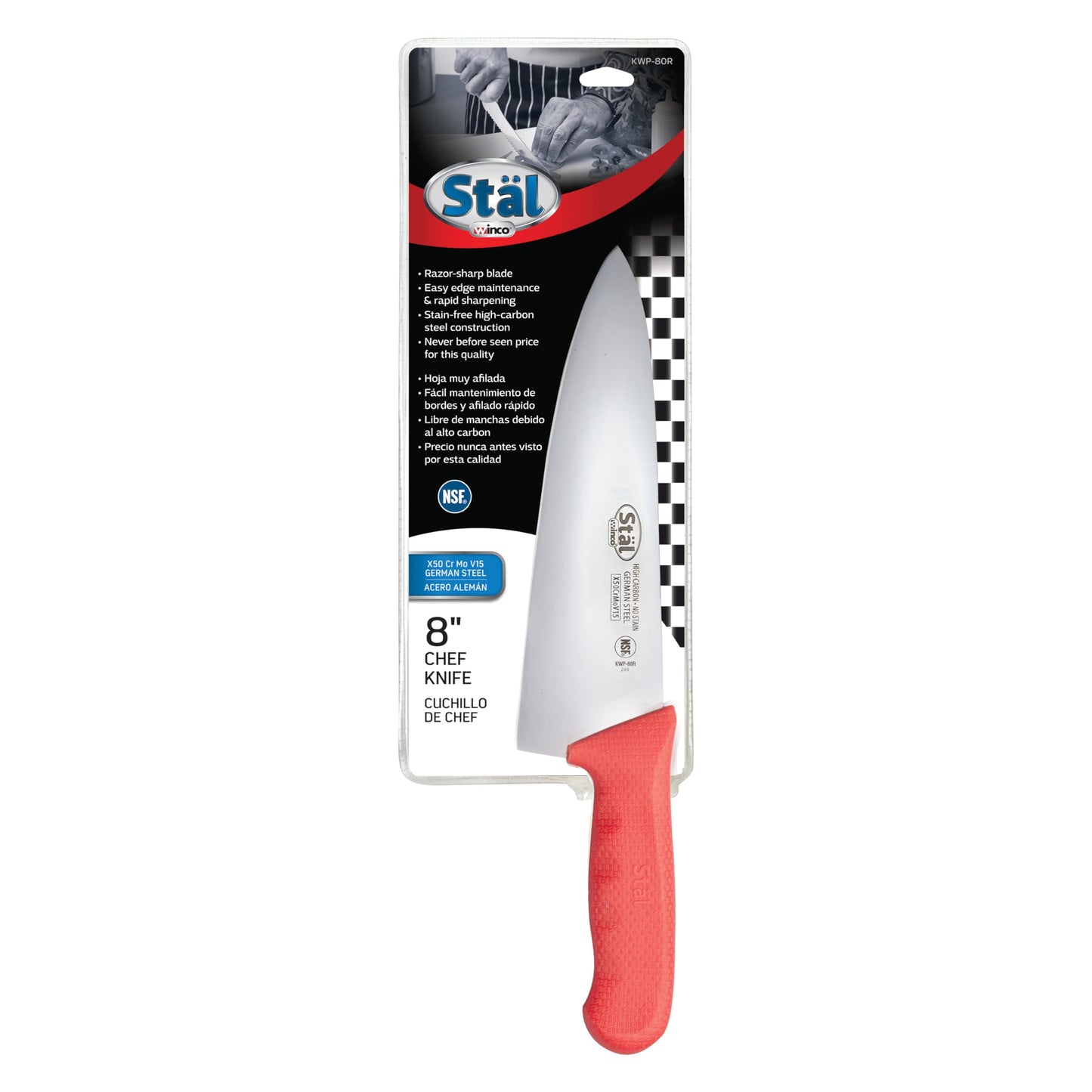 Winco 8" Commercial-Grade Chef's Knife with German Steel Blade, Red