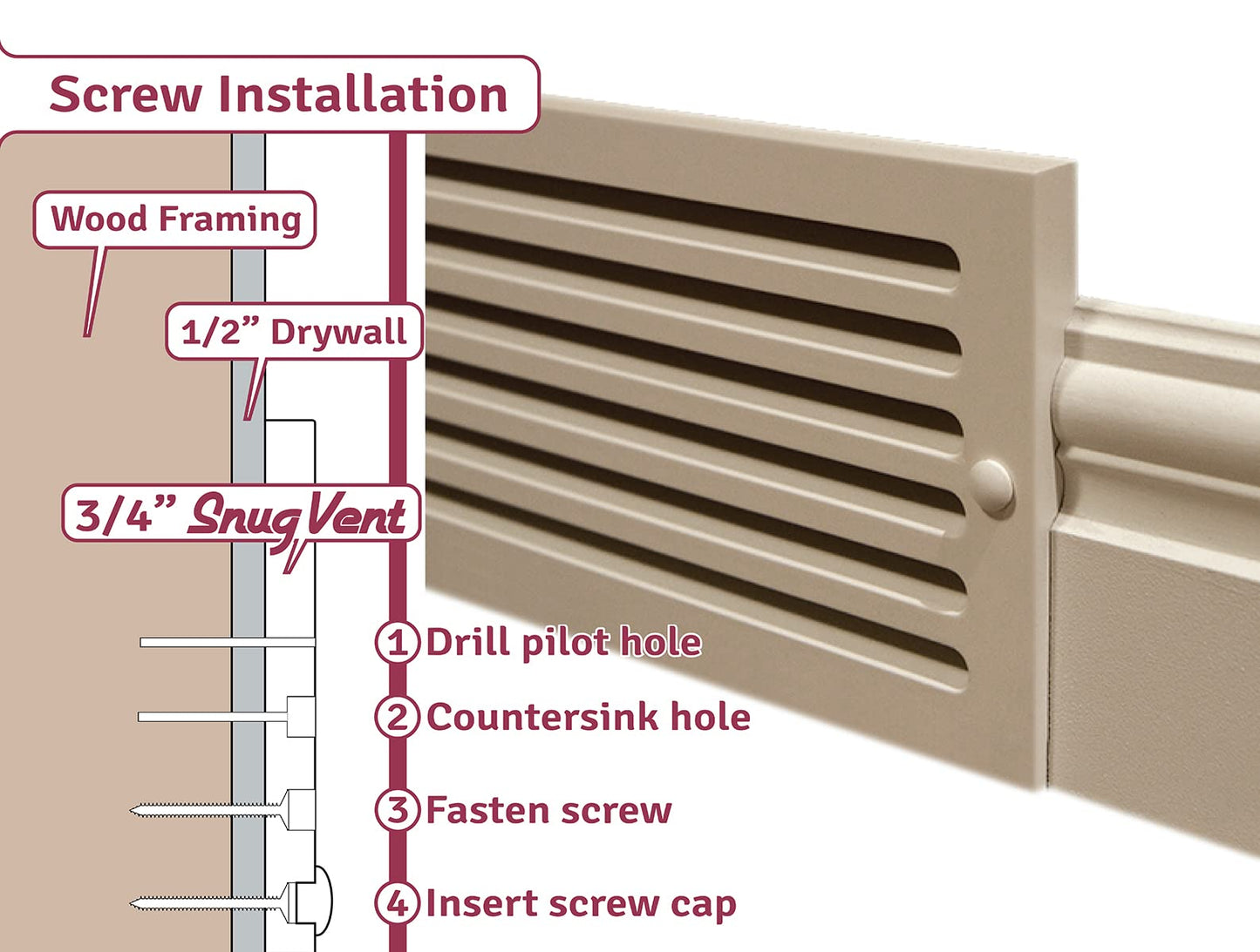 Snug Vent - 3/4 x 8 x 16 Inch Sturdy MDF Cold Air Return Grill - Wood Wall Vent for Home Improvement - Primed White and Ready to Paint - Flexible Install Options
