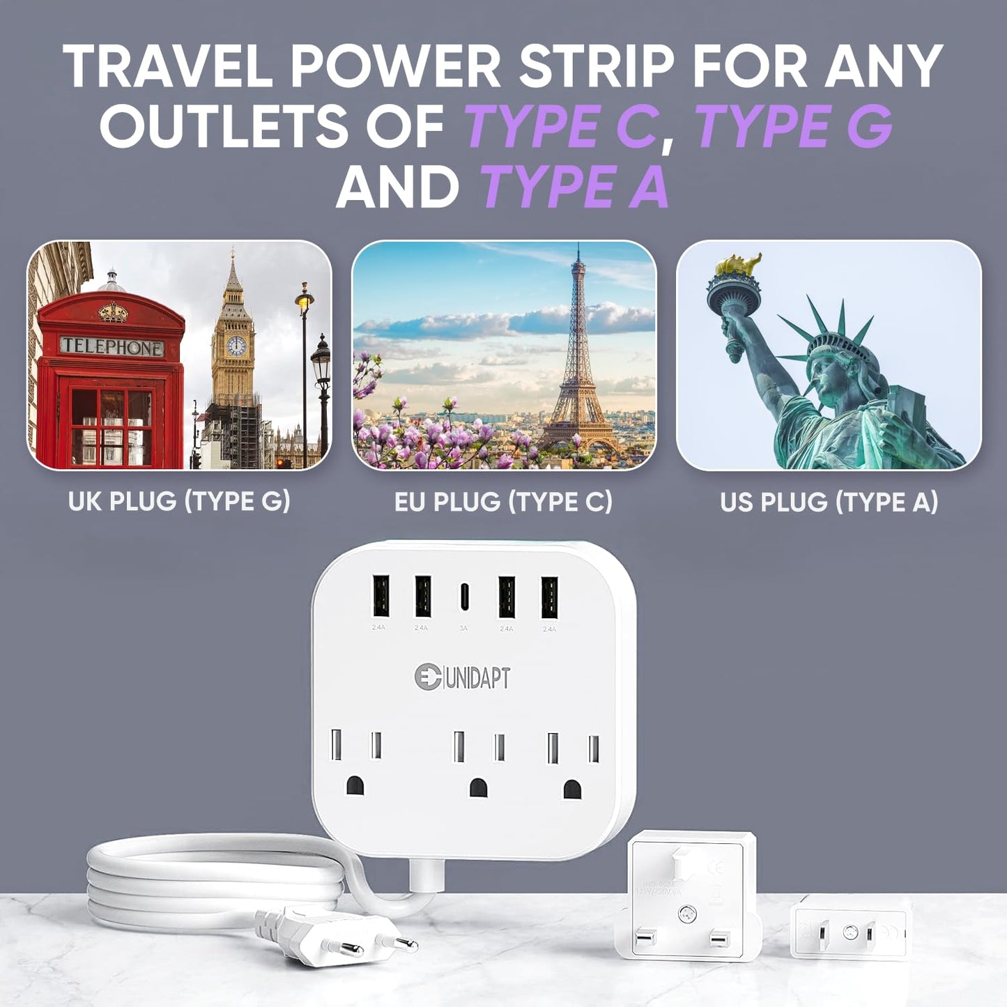 Unidapt European Plug Adapter, Unidapt US to UK Europe Power Strip for EU/UK/US with USB C and 4 USB Ports, 3 AC Outlets, Wall Mountable, 5ft Cord, for Travel Cruise Ship Home (WSS-603)