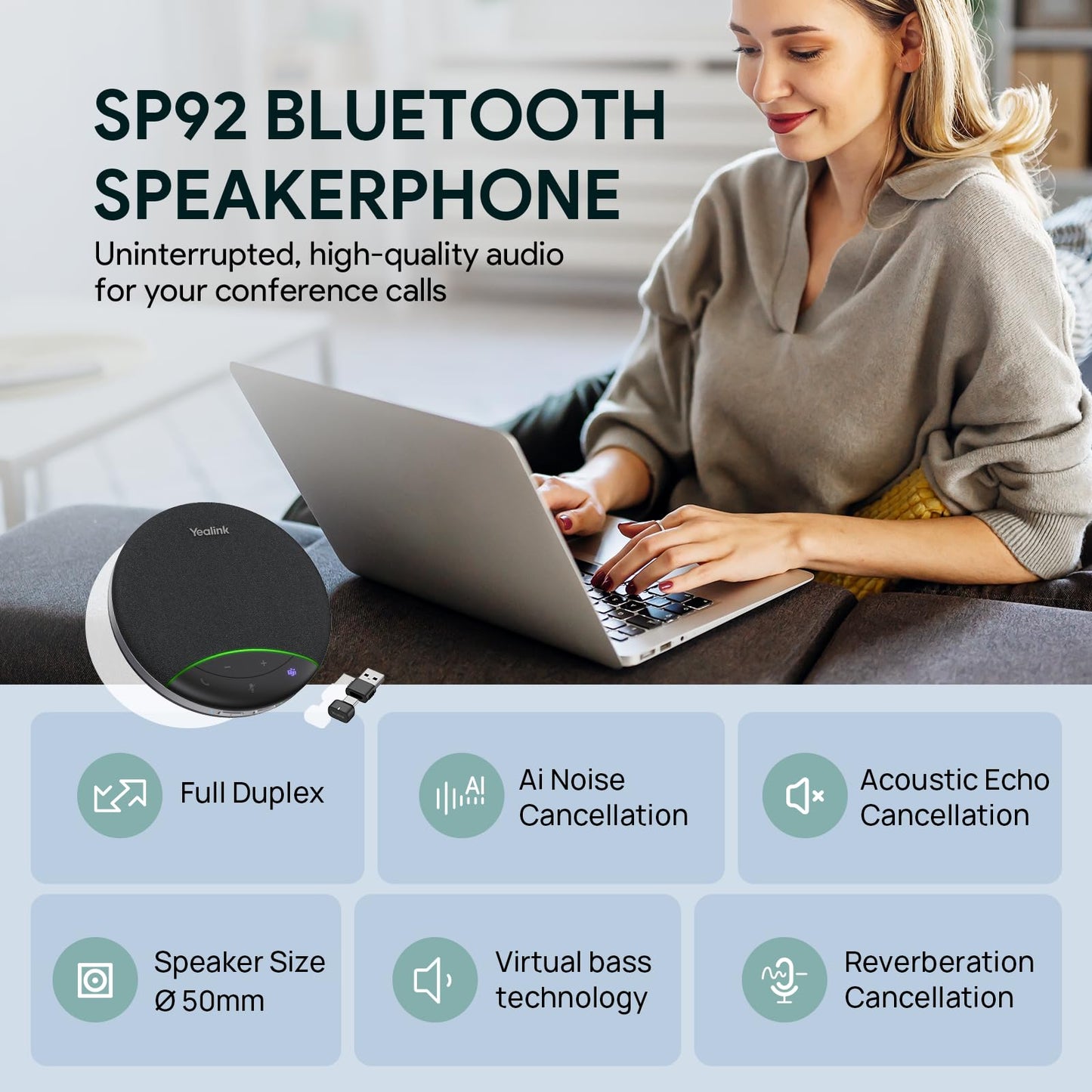 Yealink SP92 Bluetooth Speaker and Microphone with Dongle, Conference Speakerphone for Teams, 13ft 360° Omni Pickup, Full-Duplex Mic, Al Noise Reduction, 20H Call Time, USB C/A