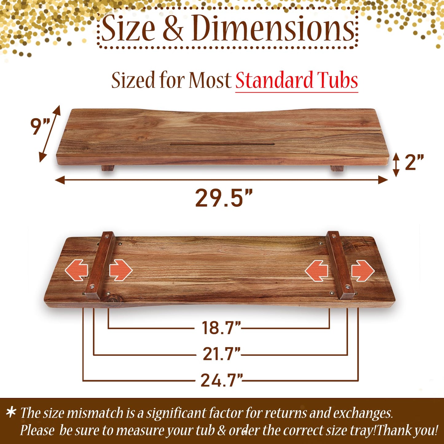 Premium Acacia Wood Bathtub Tray Caddy with Adjustable Legs, Minimalistic Design Bath Tray for Tub, Bathtub Accessories, Fit Standard Bath Tubs, Gift Idea for Women