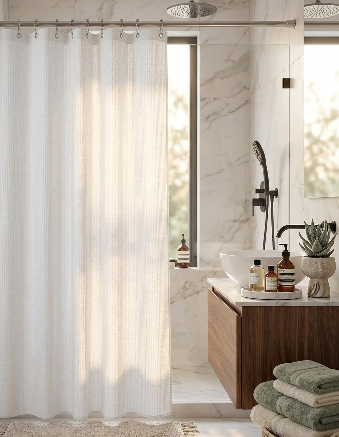 Mantto Waffle Shower Curtain Set, Premium Diamond Texture Fabric Shower Curtains for Bathroom, No Liner Needed, Waterproof & Heavy Duty with Weighted Hem with 12 Metal Hooks, 72 x 72 Inches, White