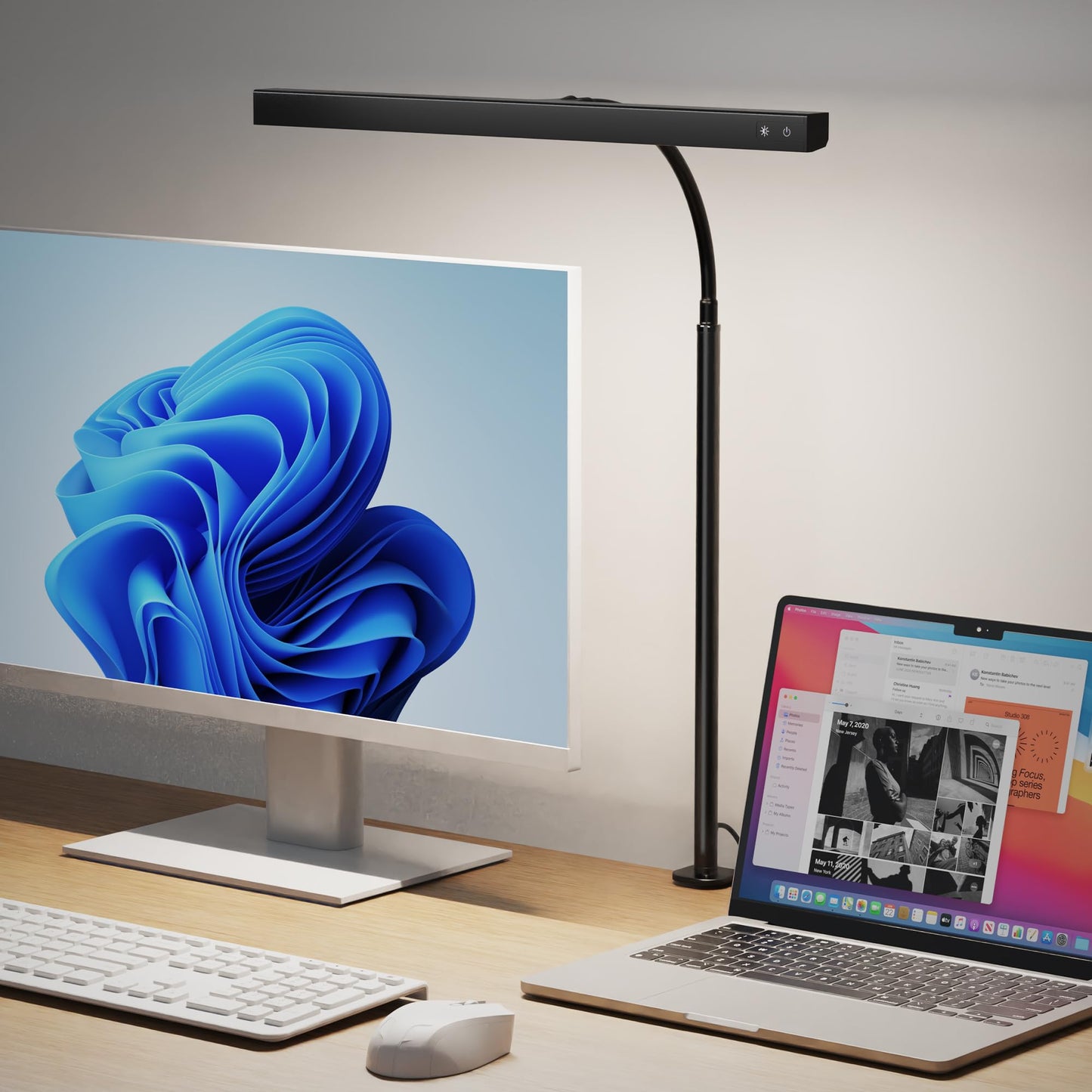 LED Desk Lamp for Office Home, SUPERDANNY Eye-Caring Desk Light with Adjustable Gooseneck, 12W Touch Control Dimmable Brightness, Architect Clamp Lamp with USB Adapter for Reading Study Workbench