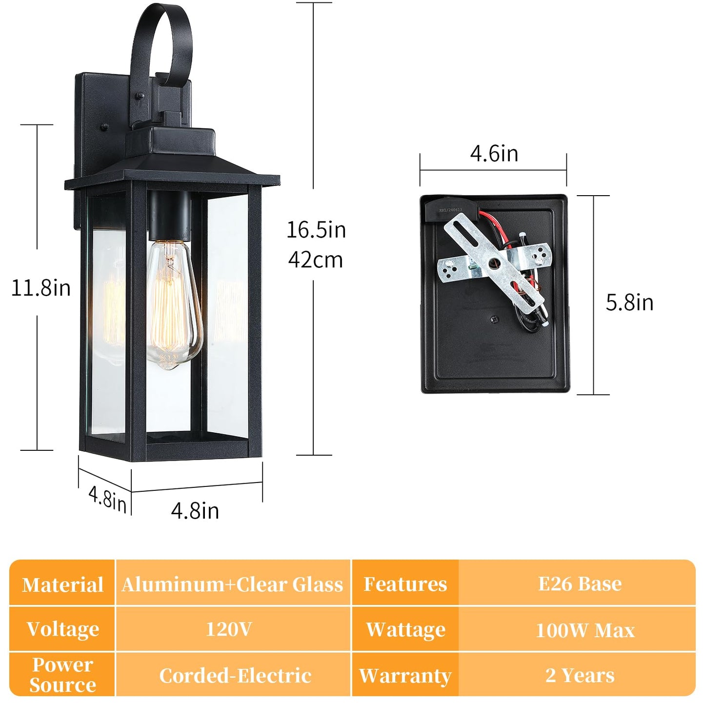 Large Outdoor Wall Light Fixture Exterior 1Pack, 16.5" Waterproof Front Porch Light Outdoor Wall Sconce with Tempered Glass, Anti-Rust E26 Modern Black Outside Lighting for House Patio Garage, 1Pack