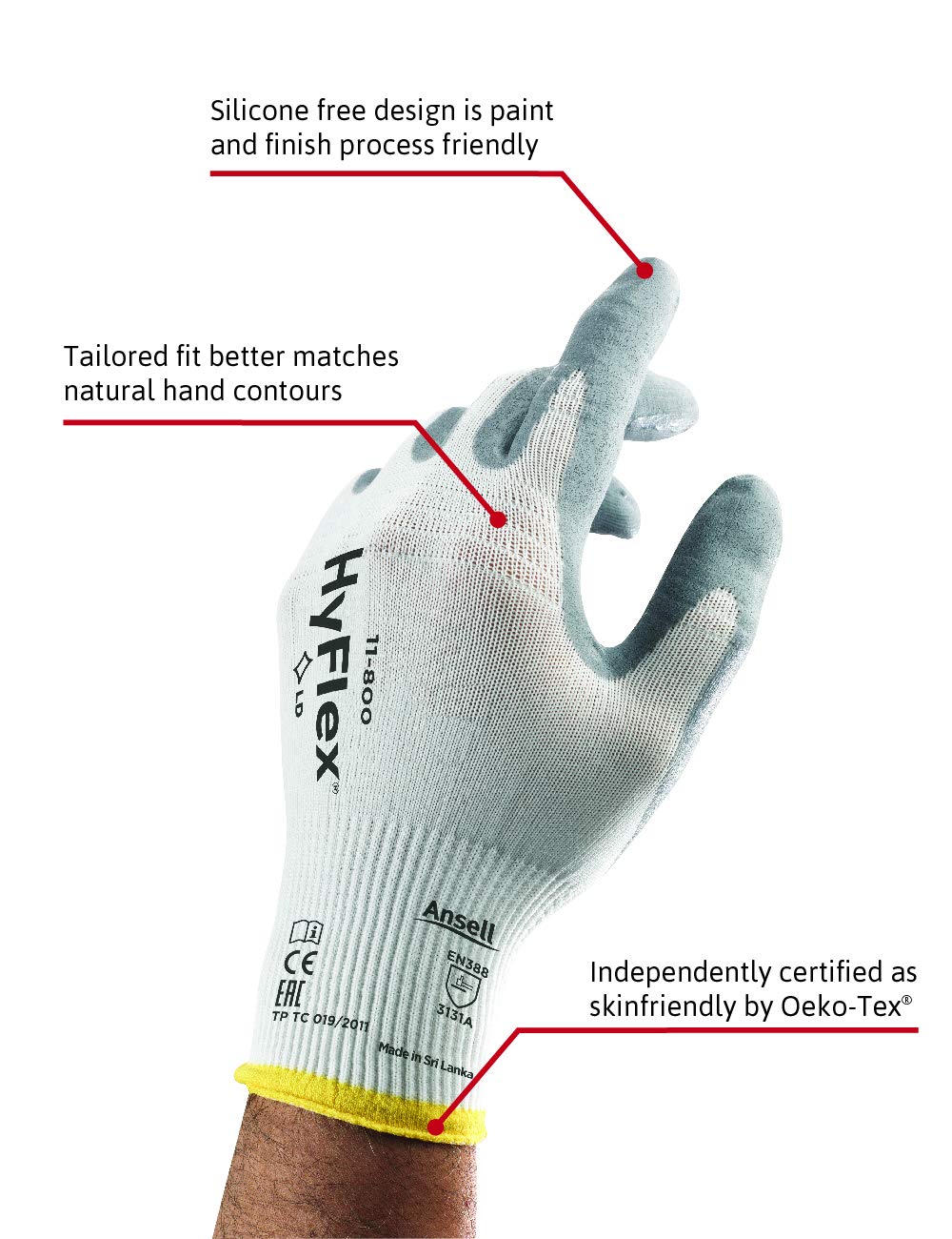 Ansell HyFlex 11-800 Nylon Glove, Gray Foam Nitrile Coating, Knit Wrist Cuff, Large, Size 9 (Pack of 12)