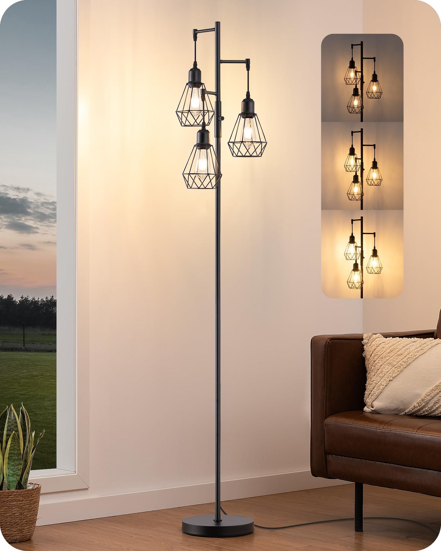 EDISHINE 70IN Farmhouse Floor Lamps for Living Room, Dimmable Industrial Tall Standing Lamps 3 LED Edison Bulbs Included, Diamond-Shaped Cage, Rustic Tree Corner Light for Bedroom, Office, Black