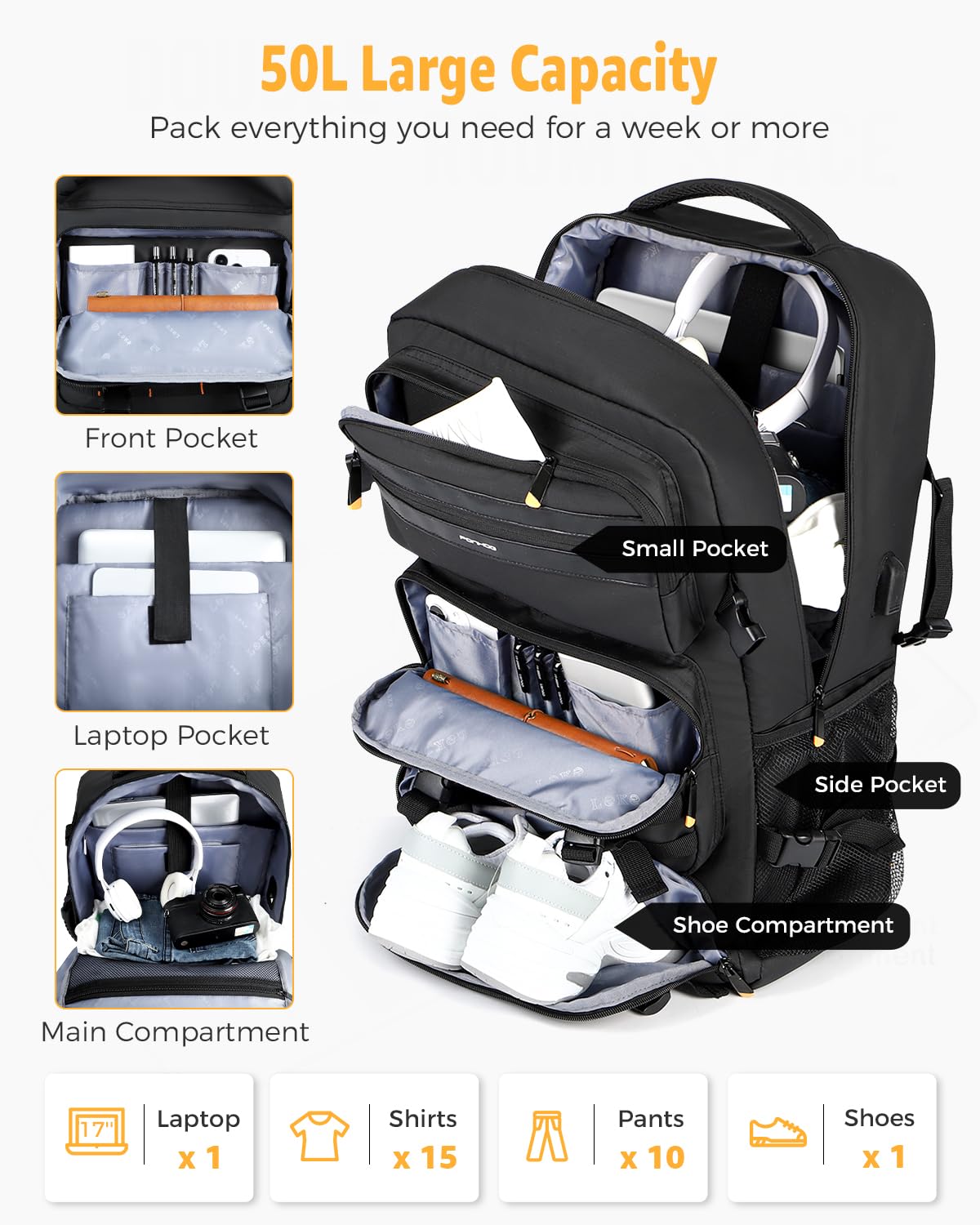 Ponhog Travel Backpack for Men - 50L Convertible Duffle Bag with Shoe Compartment, Carry On Laptop Backpack with USB Charging Port, Water Resistant Hiking Backpack Gym Daypack, Black