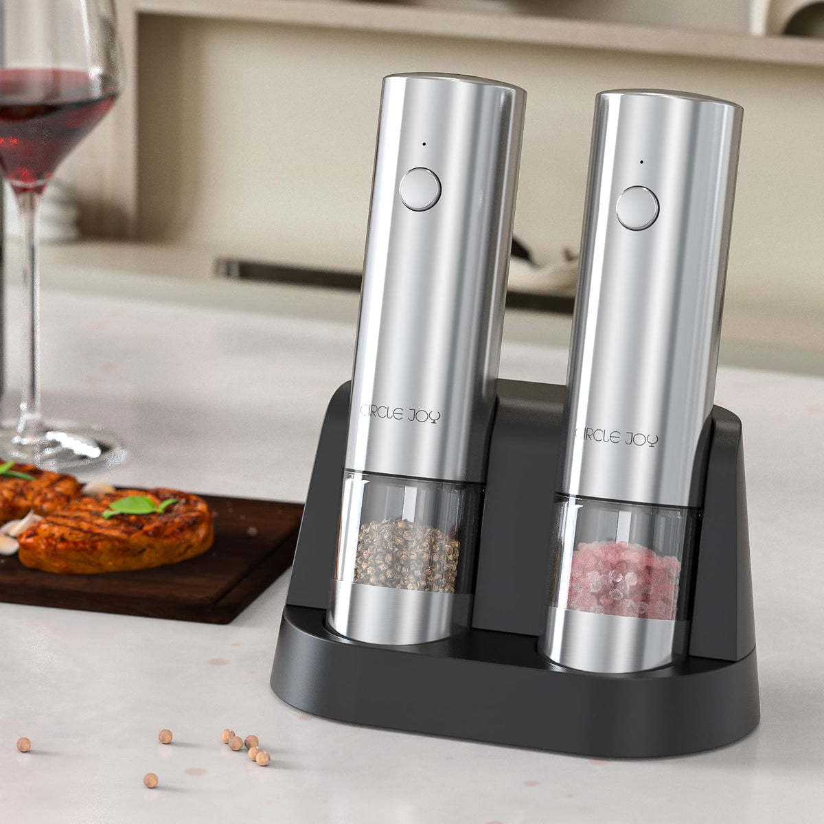CIRCLE JOY Electric Salt and Pepper Grinder Set, Automatic Spice Grinder Pepper Mills with Portable Dual Charging Station, White Led Light and Adjustable Coarseness