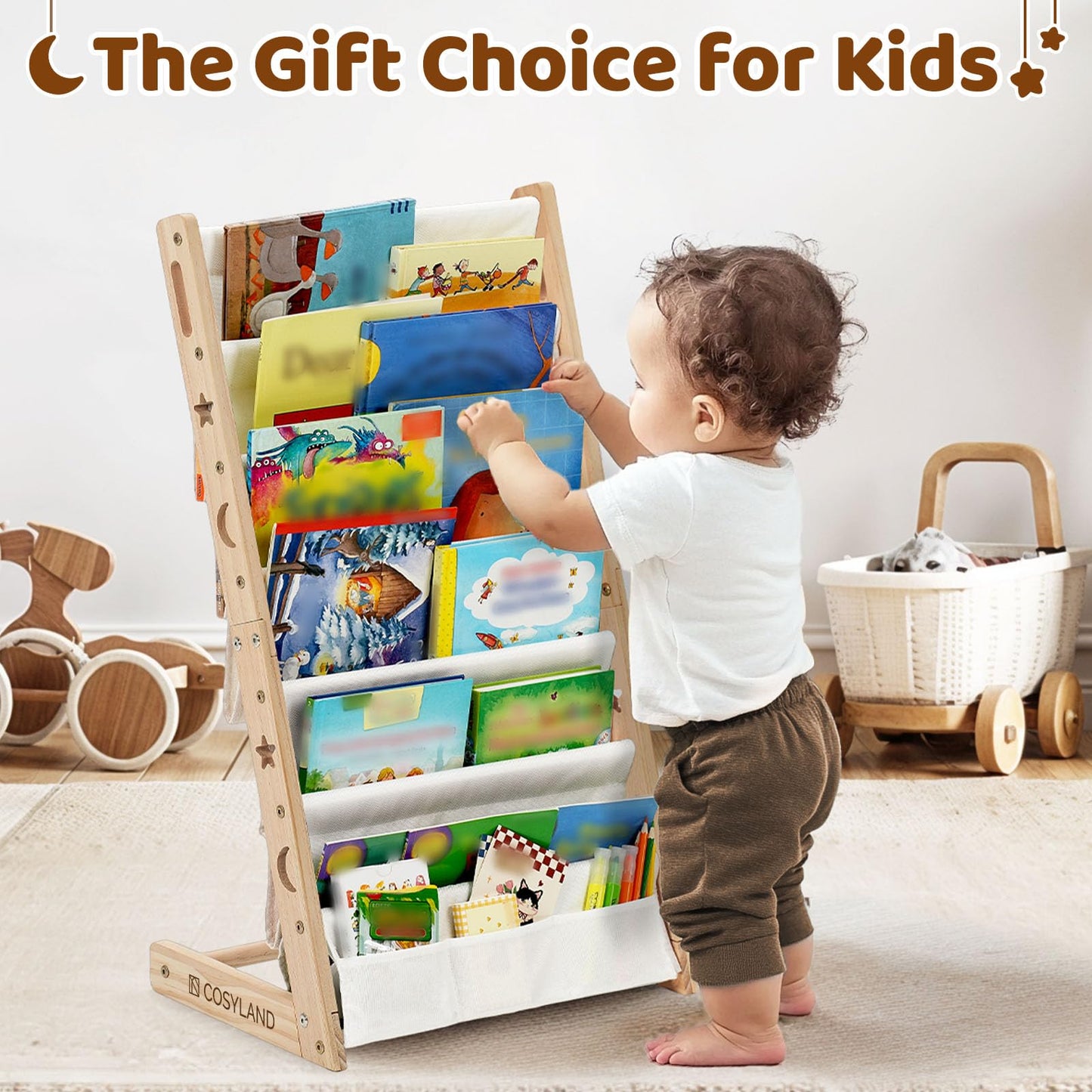 COSYLAND Fabric Book Shelf for Kids Rooms - 6 Tiers Nursery Book Shelves for Playroom Classroom - Bookcase Display Shelf for Toddler (Natural, 45 Cm Wide)