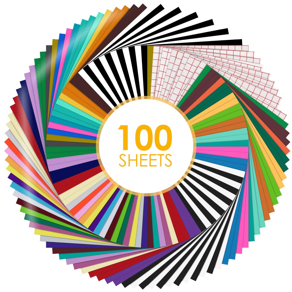 HTVRONT Permanent Vinyl for Cutting Machine - 100 Pack 12"x12" Adhesive Vinyl Sheets, 90 Sheets Vinyl Bundle & 10 Transfer Tape