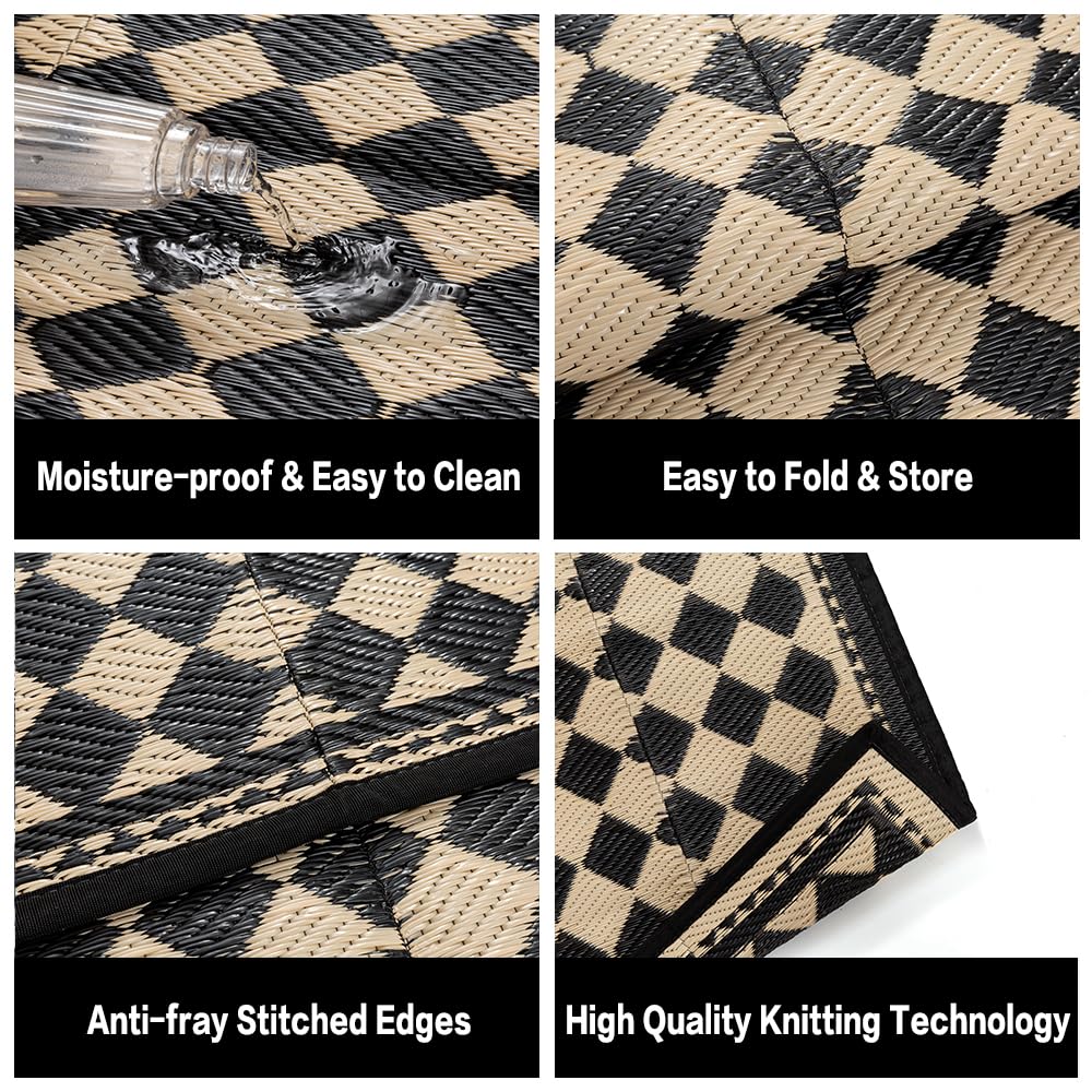 PureCozy Outdoor Carpet 5x8 Patio Waterproof Non Slip Outdoor Rugs Reversible Plastic Straw Portable Boho Checkered Tapis Mat for RV Deck Camping Entryance Porch Picnic Balcony Beach