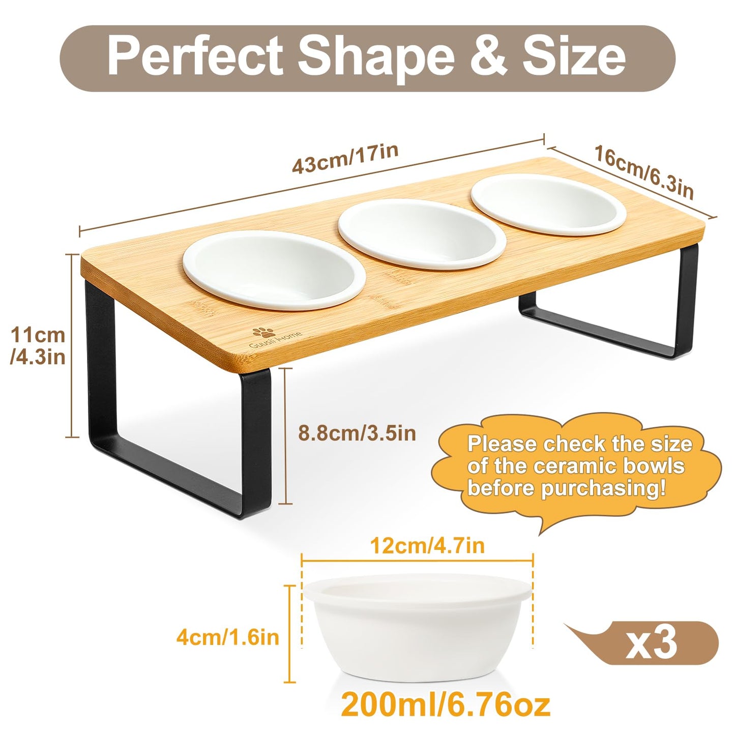 Sunhoo Elevated Cat Food Bowl Raised Kitty Dish Ceramic Tilted Pet Bowls Set of 3 Indoor Cats Dishes Dia 4.7in/12cm Anti Vomiting with Natural Bamboo Stand Gamelle Pour Chat