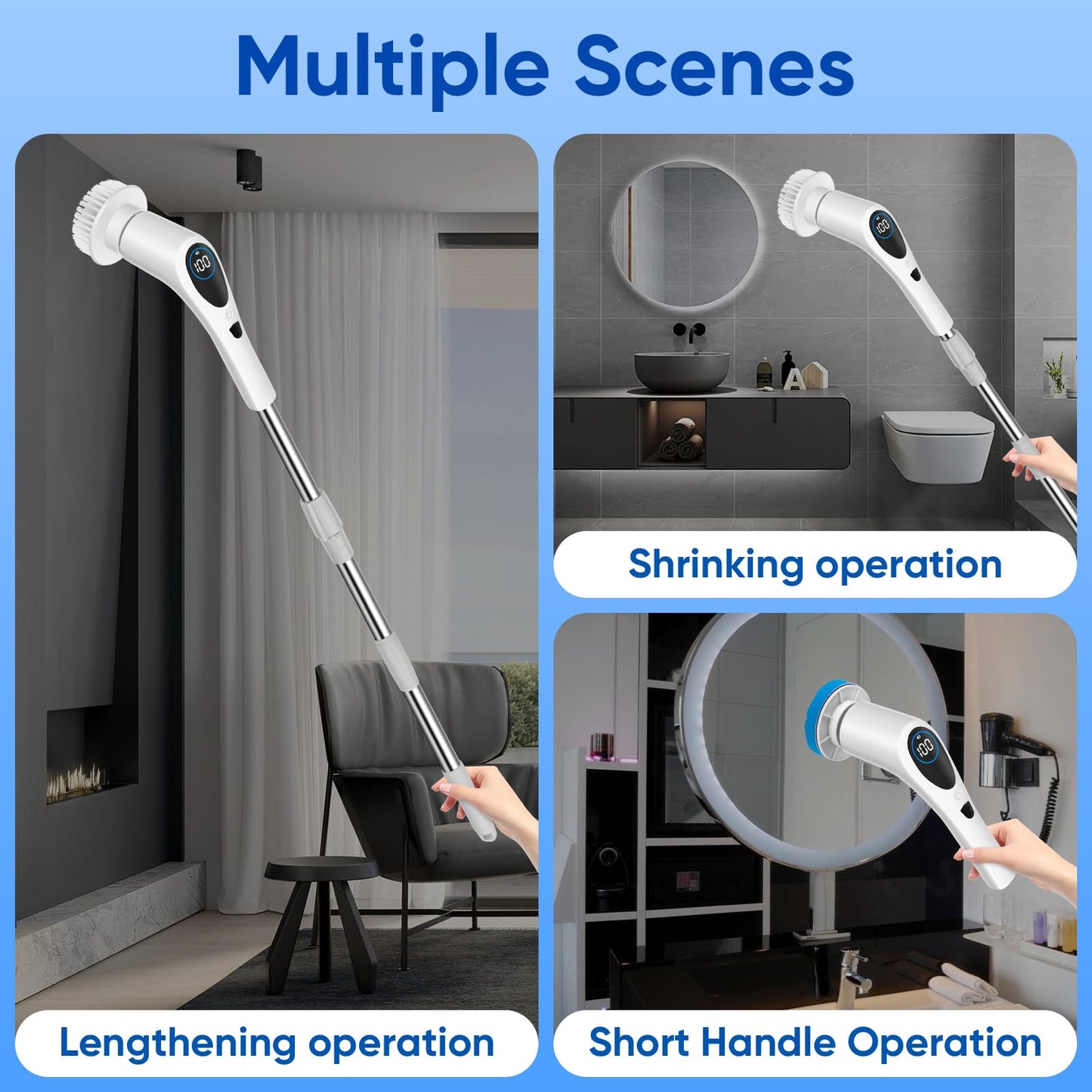 Electric Spin Scrubber, Upgrade Cordless Cleaning Brush with 9 Replaceable Cleaning Brush Heads, 3 Rotating Speeds, LED Display,Adjustable Extension Arm, Power Shower Scrubber for Bathroom Tile Floor