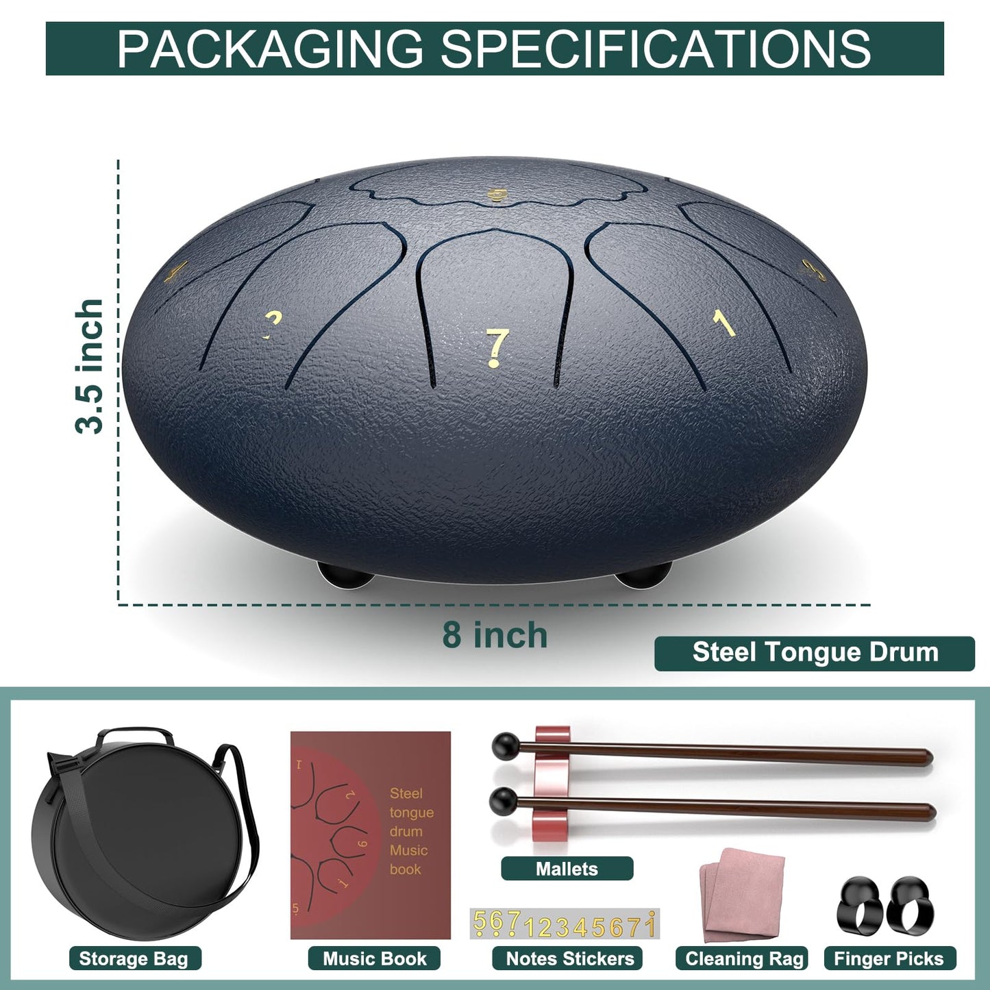 Rain Drum for Outside Garden, 8 Inches 11 Notes Steel Tongue Drum, Waterproof Meditation Rain Chime, Musical Instruments for Adult Gift with Bag, Music Book, Mallets (Navy Blue)