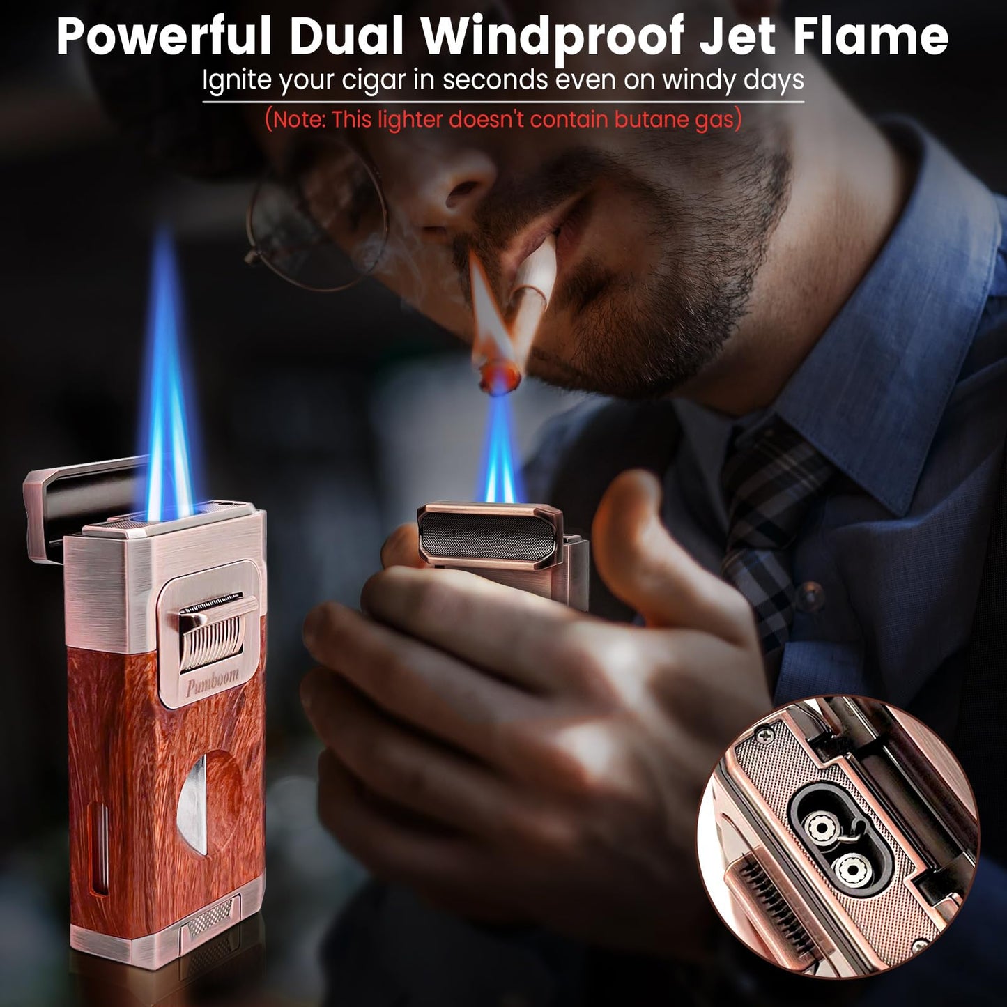 All-in-One Torch Cigar Lighter with Built-in Cigar Cutter V Cut, Cigar Holder, Dual Windproof Jet Flame, Butane Lighter with Gift Box, Cool Lighters for Candle, Smoking, Outdoor Cigar Accessories