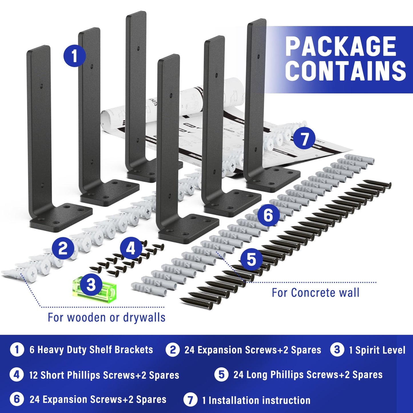 Goovilla Shelf Bracket, Heavy Duty Floating Shelf Brackets 8 inch Long, 6 Pack Brackets for Shelves, Black Coated Metal Wall Shelf Support Brackets with 1/5 Inch Thick and 160 lb. Load Capacity