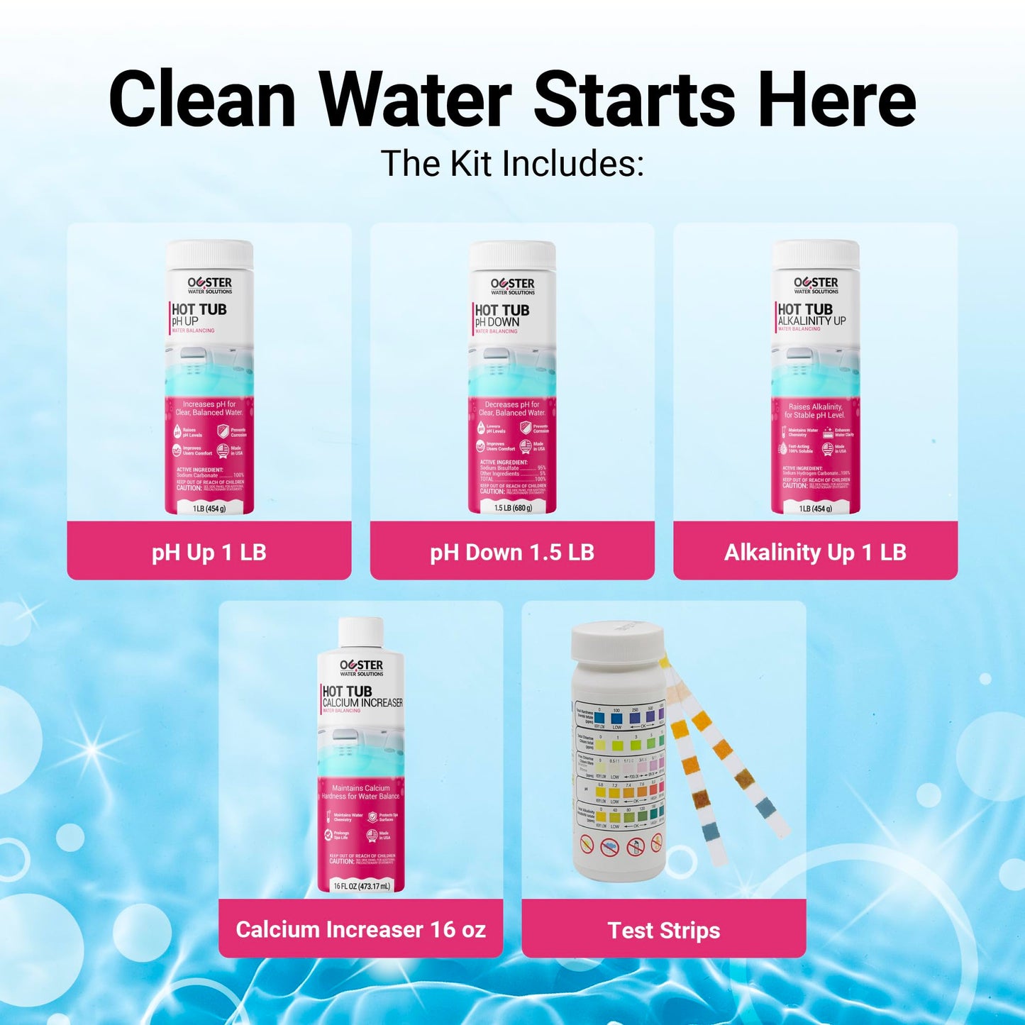 Bio Ouster Hot Tub Water Balancing Kit – Spa pH Up, pH Down, Alkalinity Increaser, Calcium Hardness Increaser & Test Strips – Spa Chemicals Starter Kit for Inflatable & Acrylic Hot Tubs – Made in USA